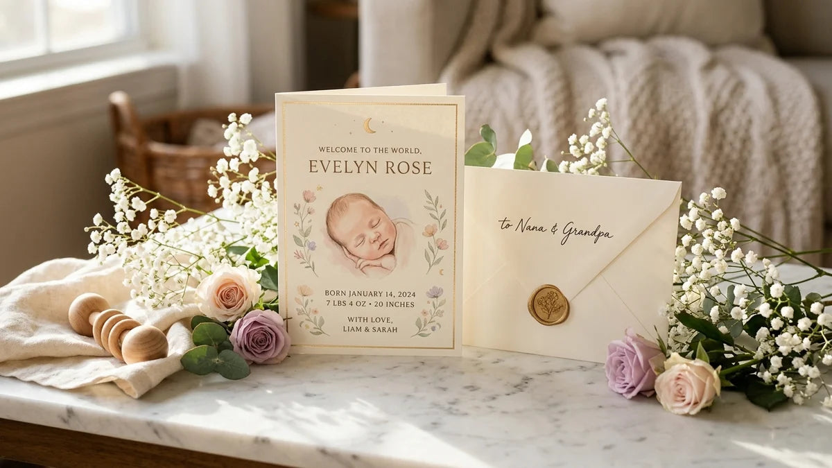 Faire-part de naissance élégant crème avec fleurs et enveloppe sur marbre blanc