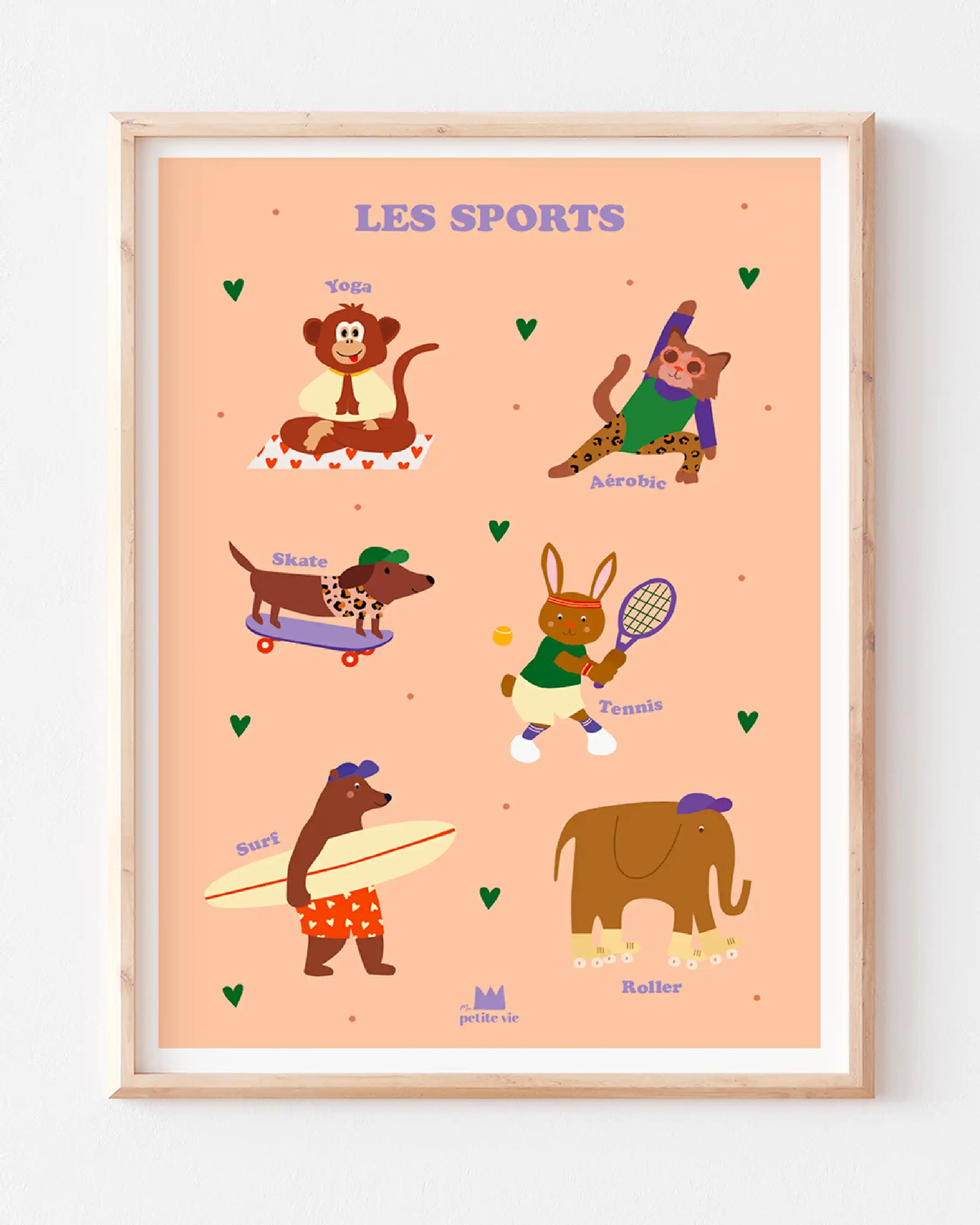 illustration de sports pour enfants: yoga, gym, skate, tennis, surf et patin à roulettes.