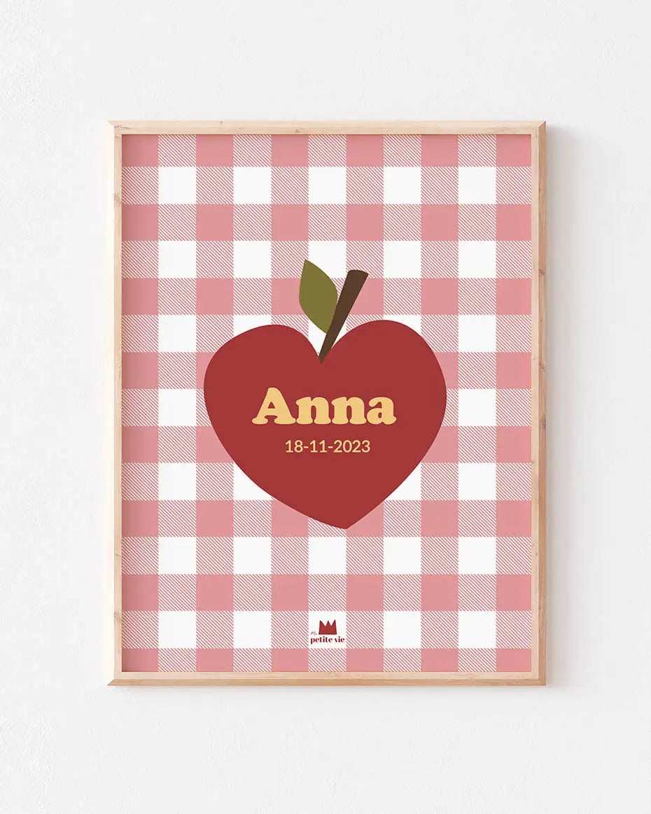 Affiche prénom cool pomme avec un fond à carreaux pour chambre d'enfant