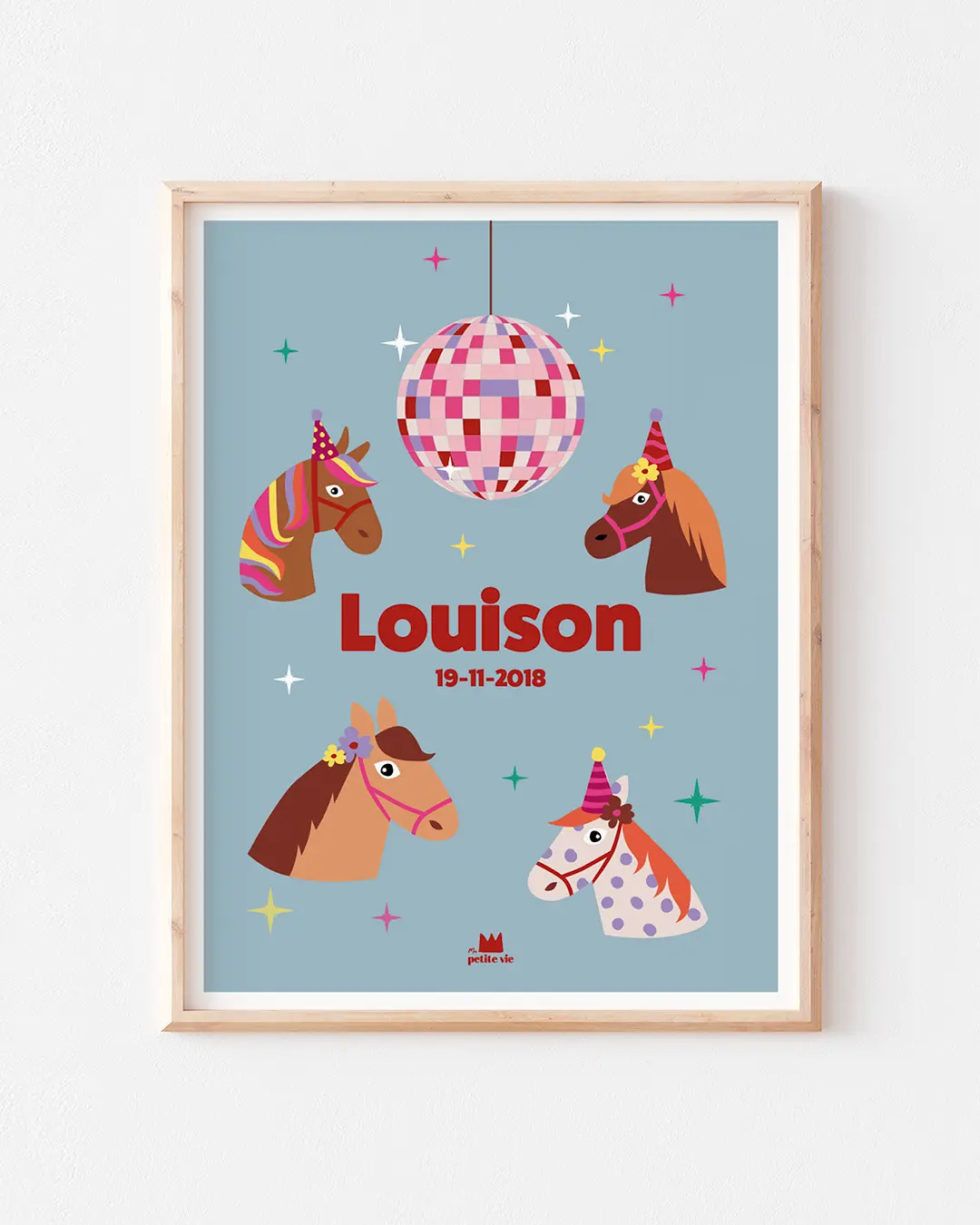 Affiche prénom à personnaliser Disco Poney : des poneys rigolos pour décorer sa chambre colorée