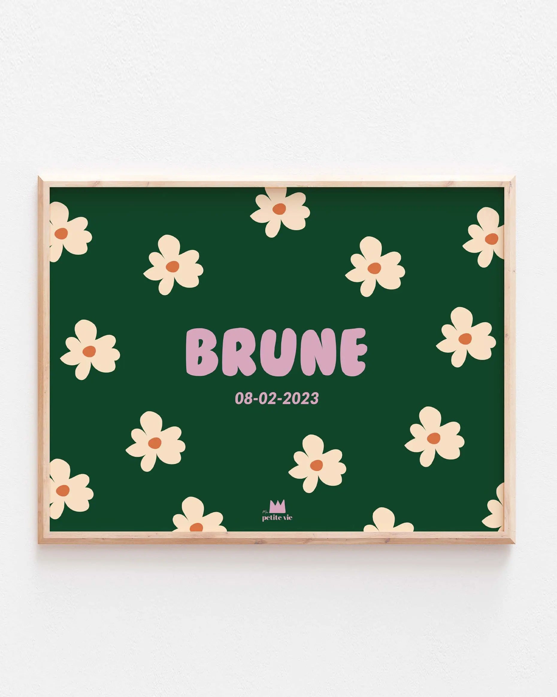 Affiche prénom Fleurette à fond vert et petites fleurs beiges pour une chambre de petite fille