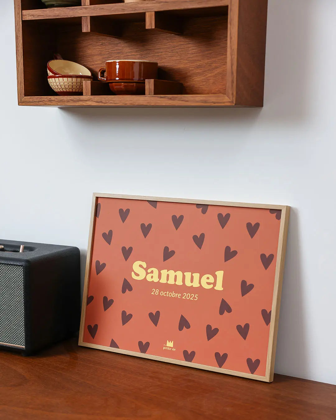 Affiche de porte chambre de bébé personnalisée, marron à coeurs.