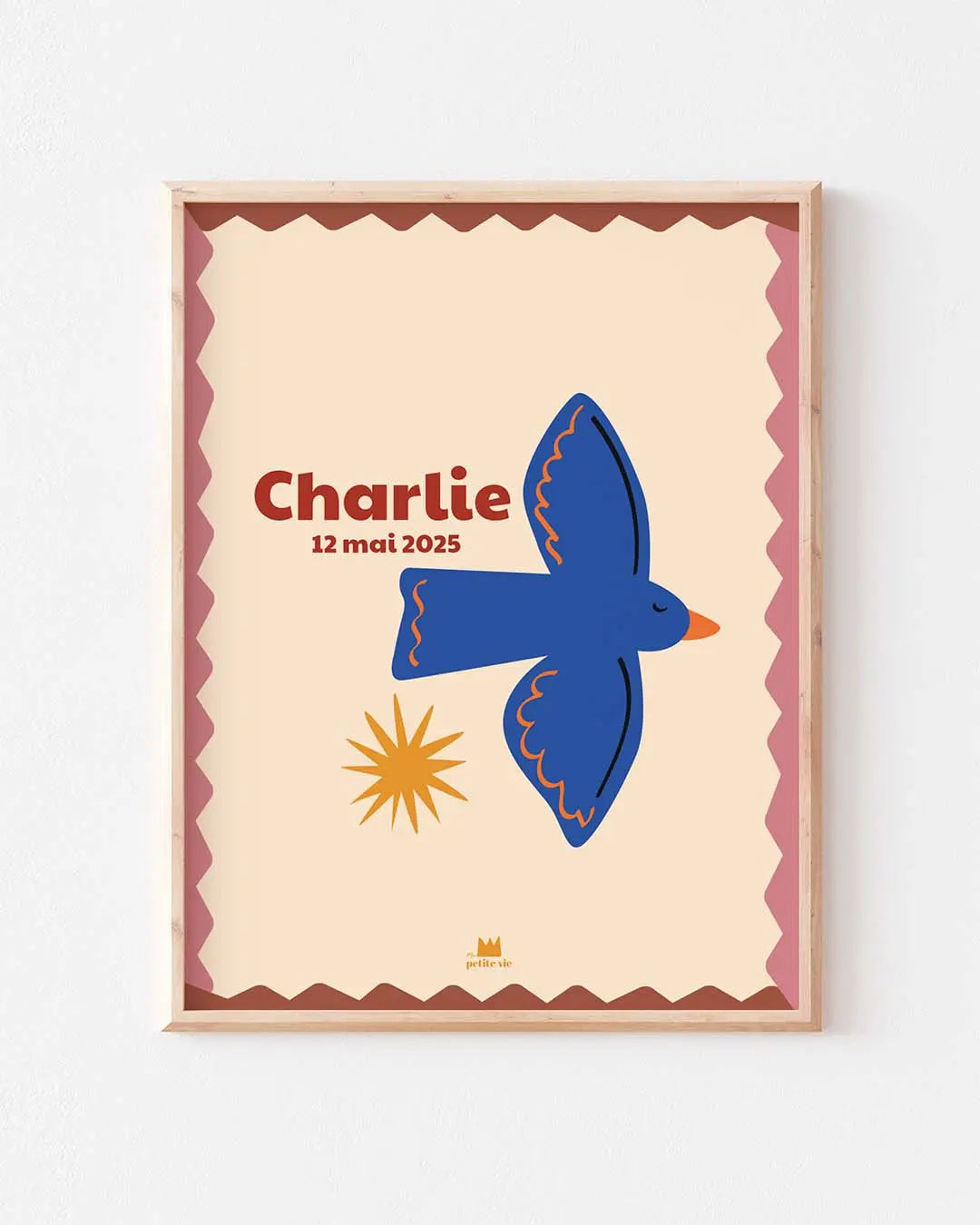 Affiche prénom Douce Nuit : un oiseau bleu sur fond beige pour décorer la chambre de son bébé