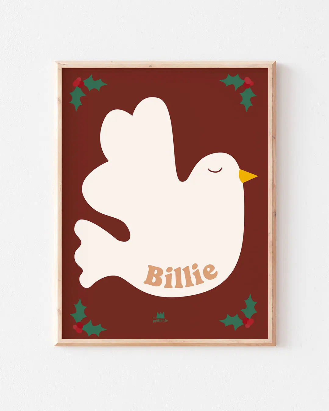 Affiche prénom pour bébé avec un oiseau blanc et du houx idéale pour une chambre stylée.