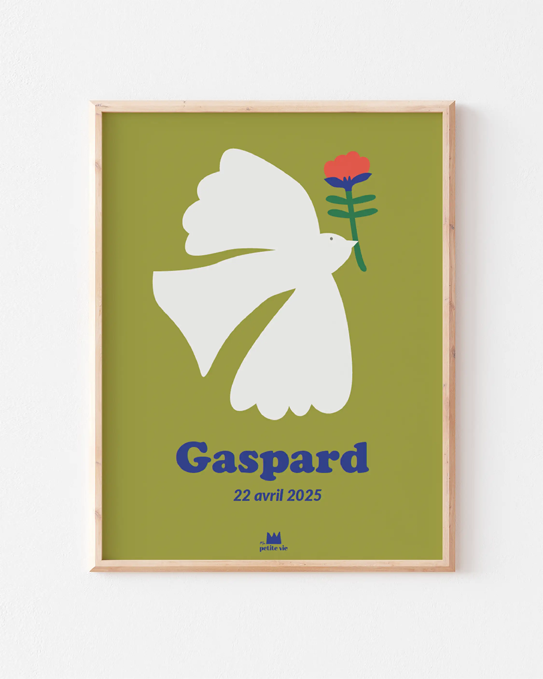 Affiche prénom avec un oiseau blanc sur fond vert pour la décoration de la chambre de bébé