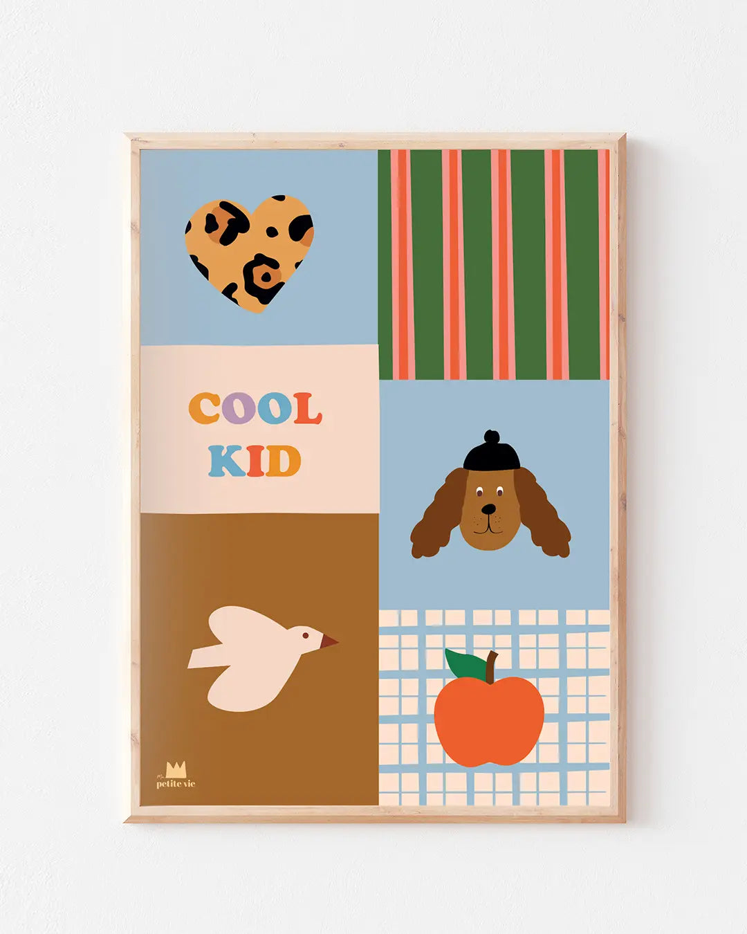 illustration patchwork coeur, chien, rayures, oiseau et pommes.