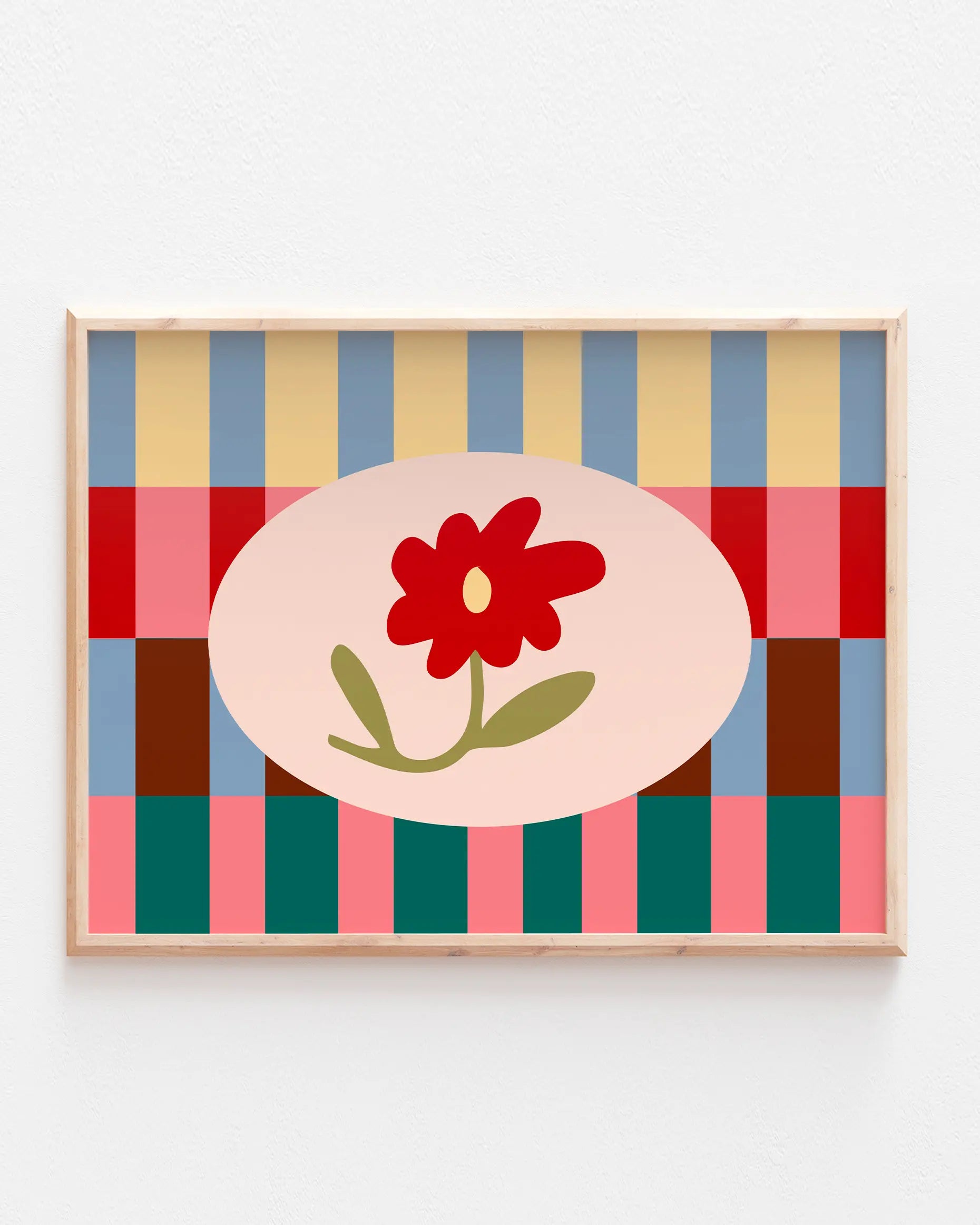 Affiche avec une fleur sur fond de carreaux retro et colorés.