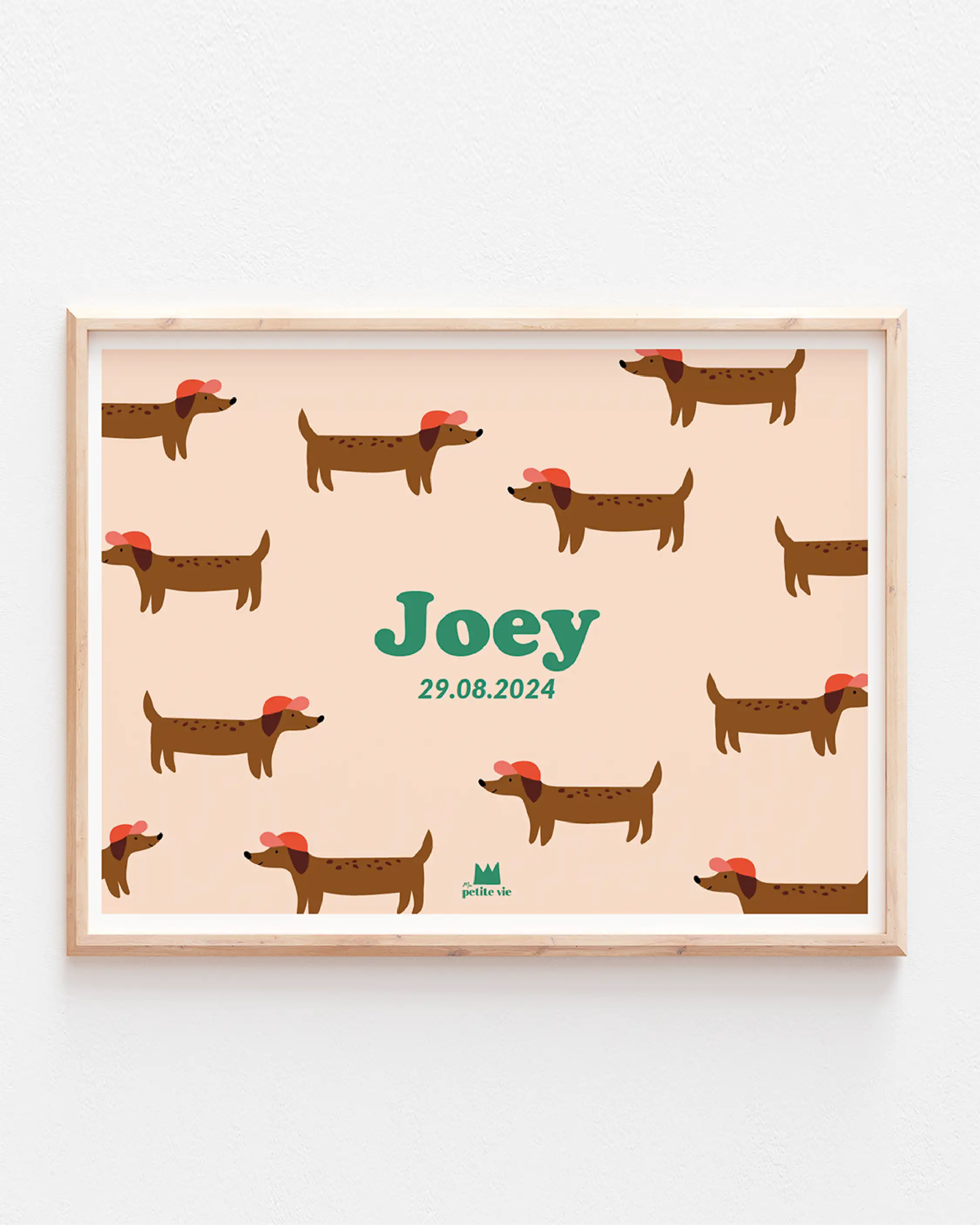 Affiche avec des teckels et le prénom de bébé pour décorer sa chambre