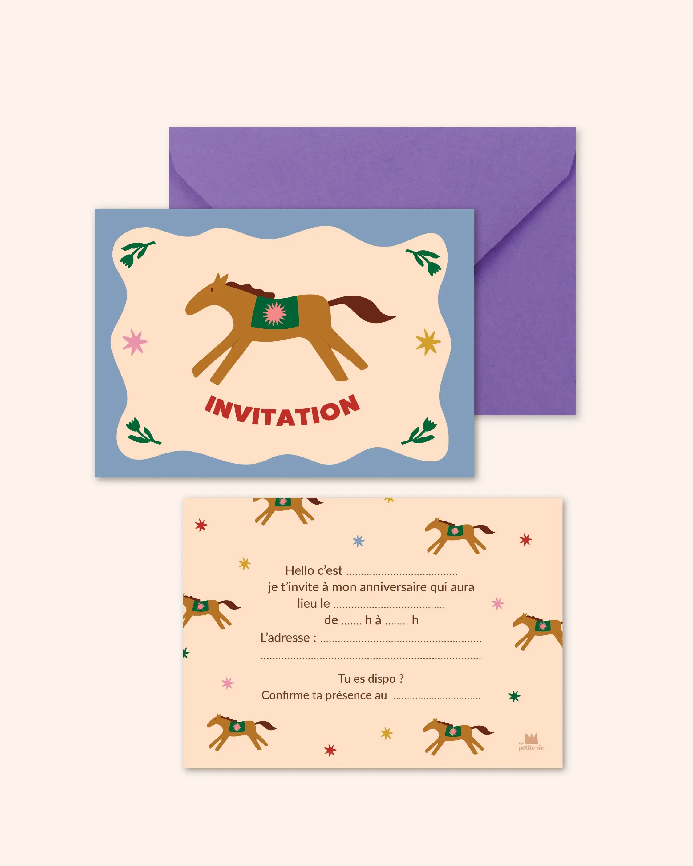 Lot de 6 cartons d'invitations anniversaires enfants - Poney