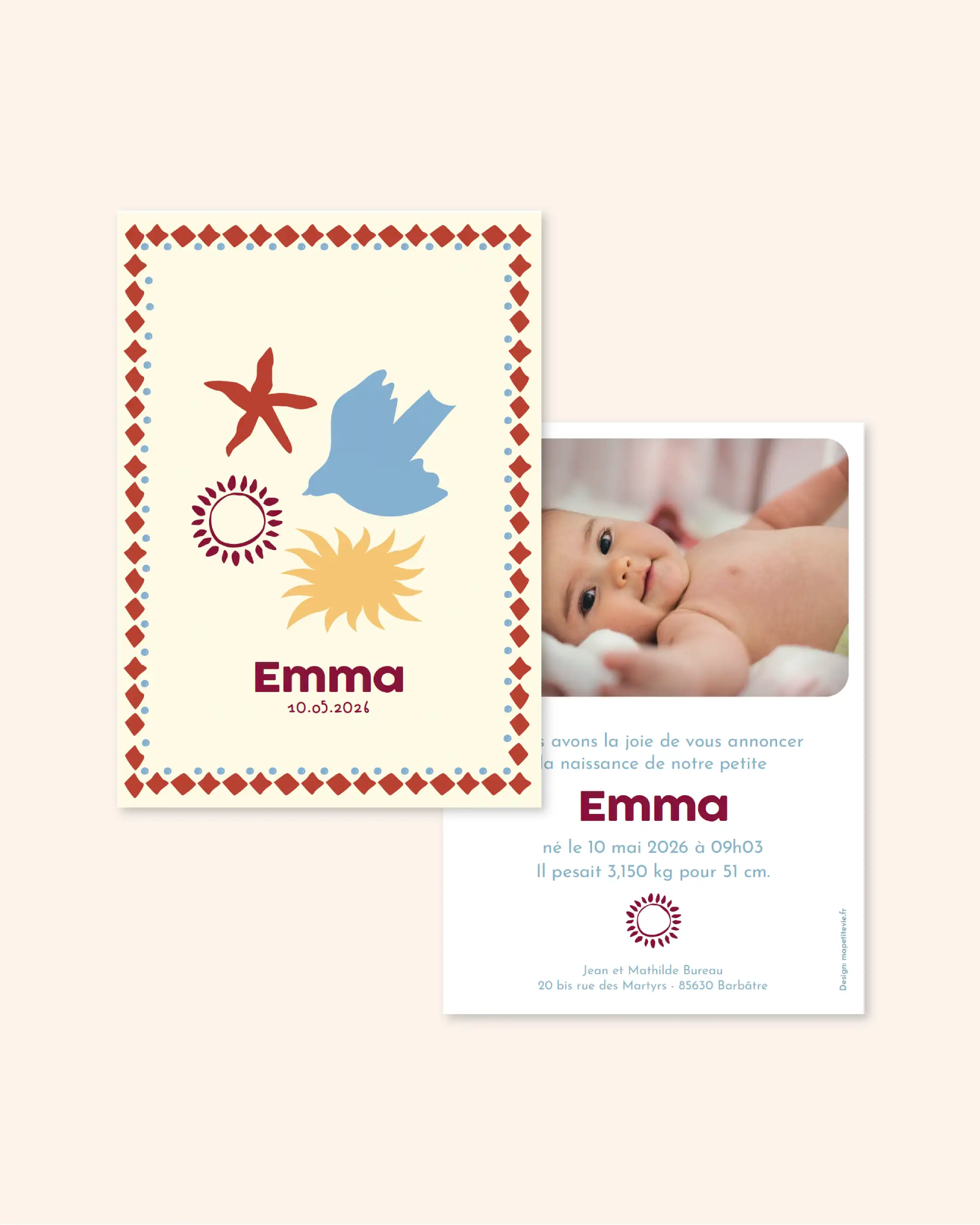 faire part de naissance avec étoile de mer et soleil pour un bébé d'été