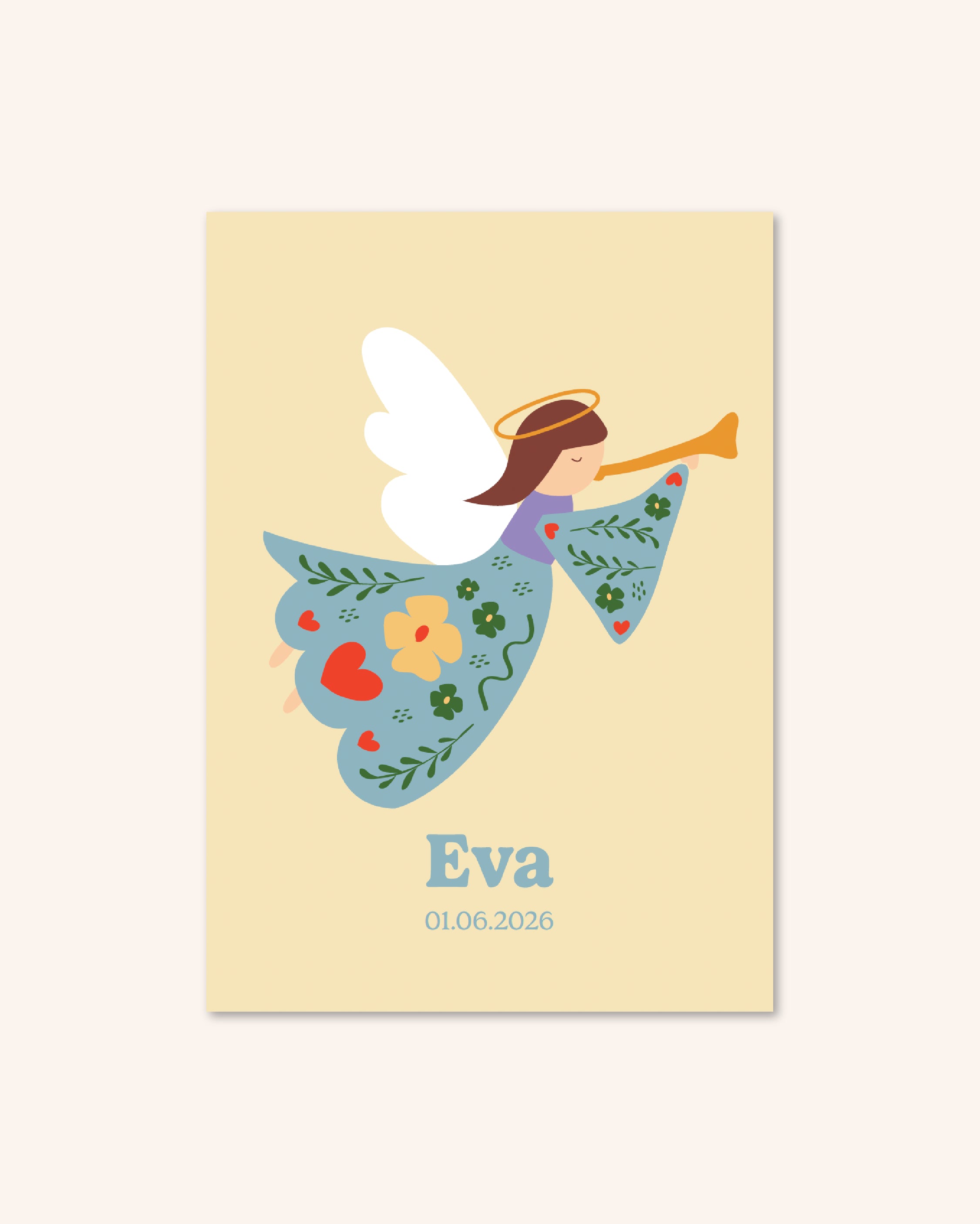 Faire part de bapteme pour les enfants avec un ange illustré dans les tons pastels