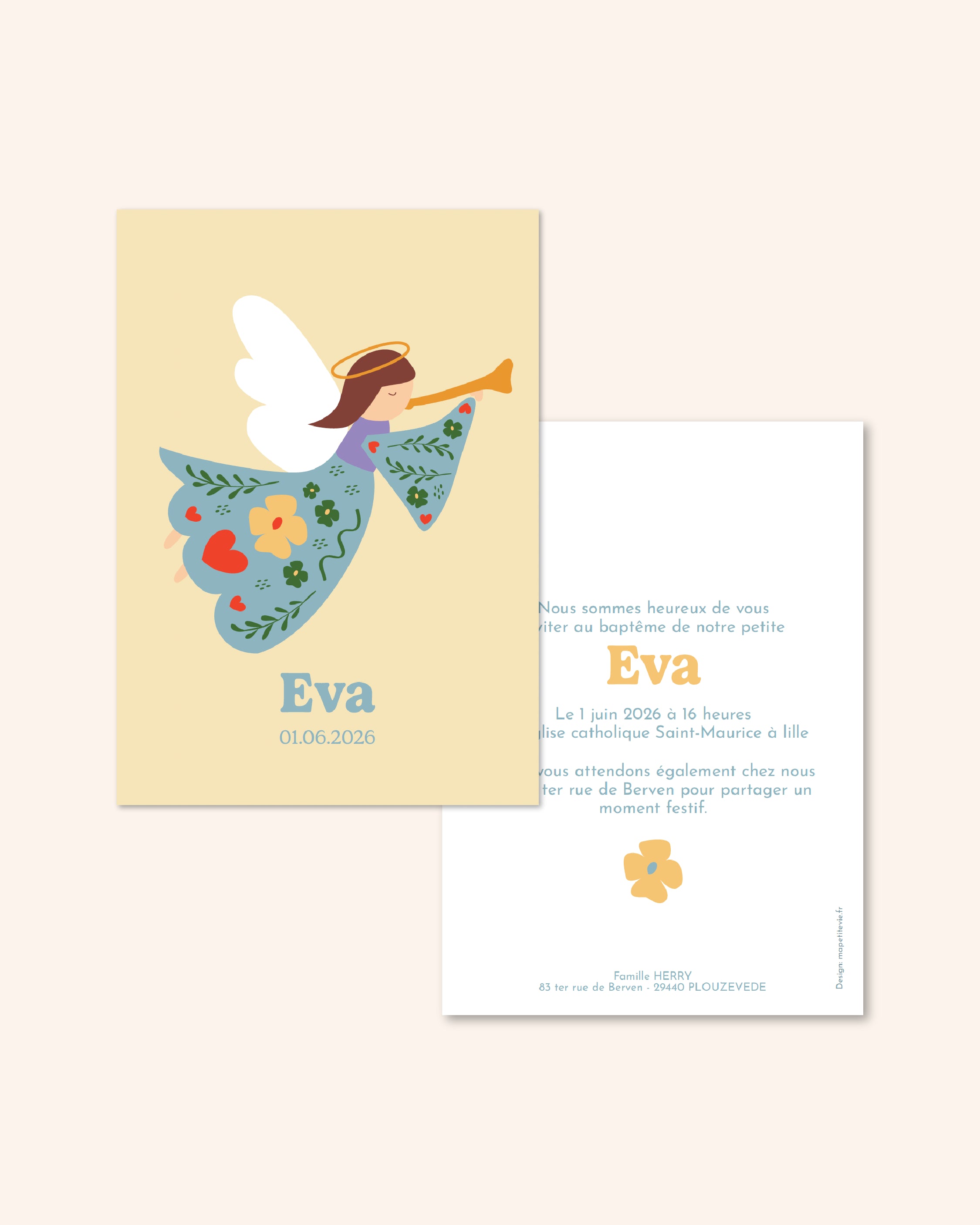 Faire part de bapteme pour les enfants avec un ange illustré dans les tons pastels