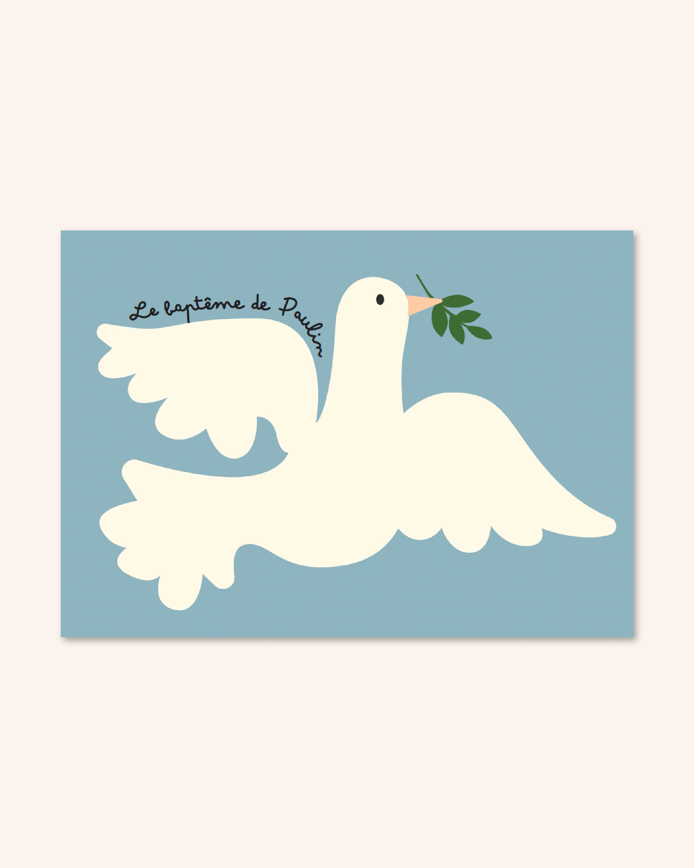Faire-part de baptême pour enfant avec une colombe illustrée sur fond bleu pastel