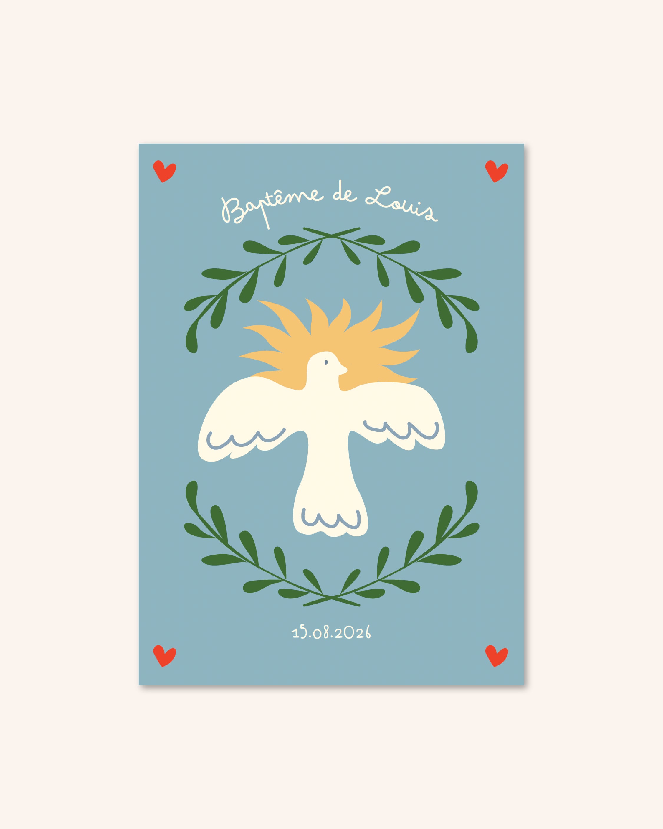 Faire-part de baptême pour enfant avec un oiseau sur un soleil illustré