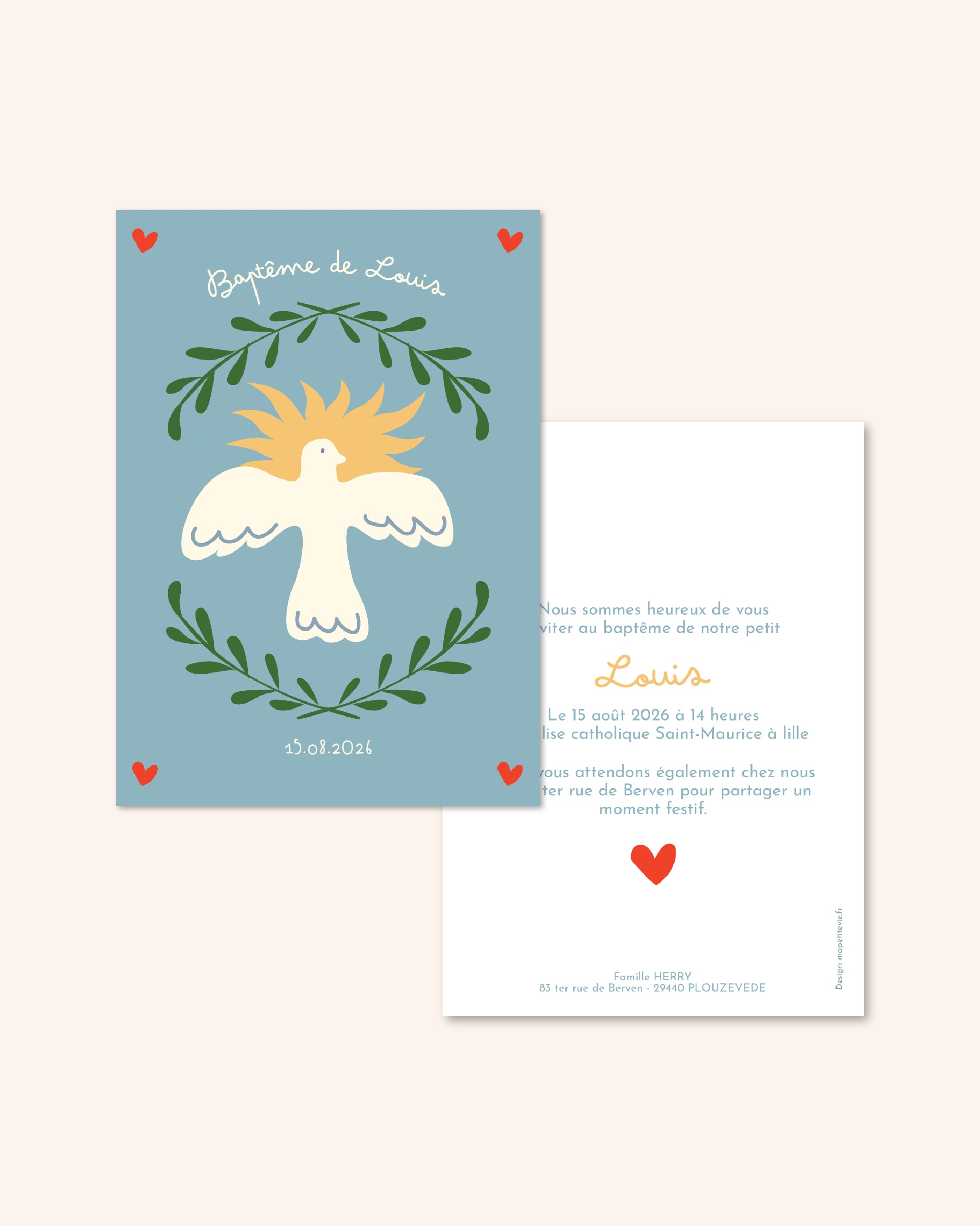 Faire-part de baptême pour enfant avec un oiseau sur un soleil illustré