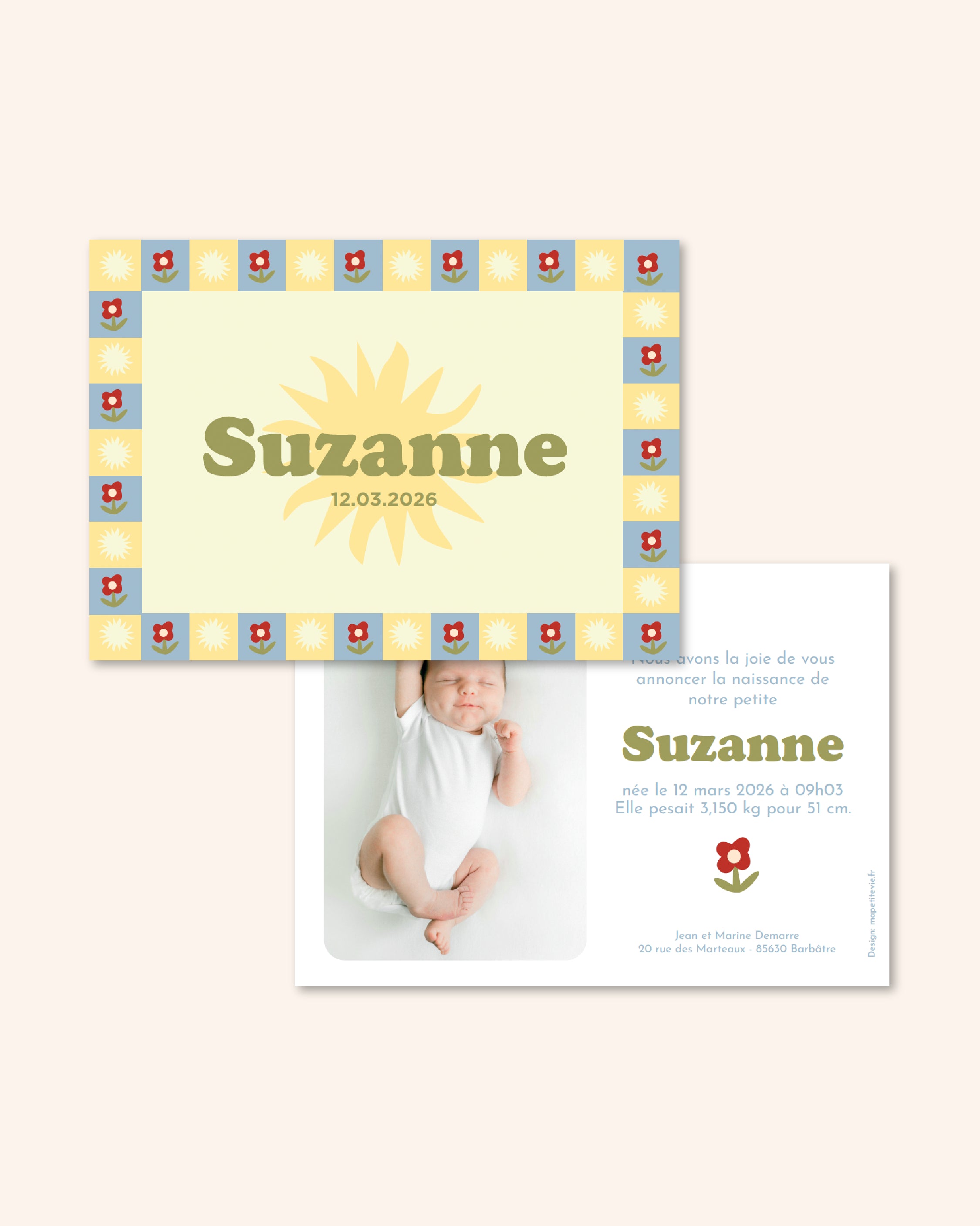 Faire part de naissance avec soleils et photo pour annoncer naissance bébé