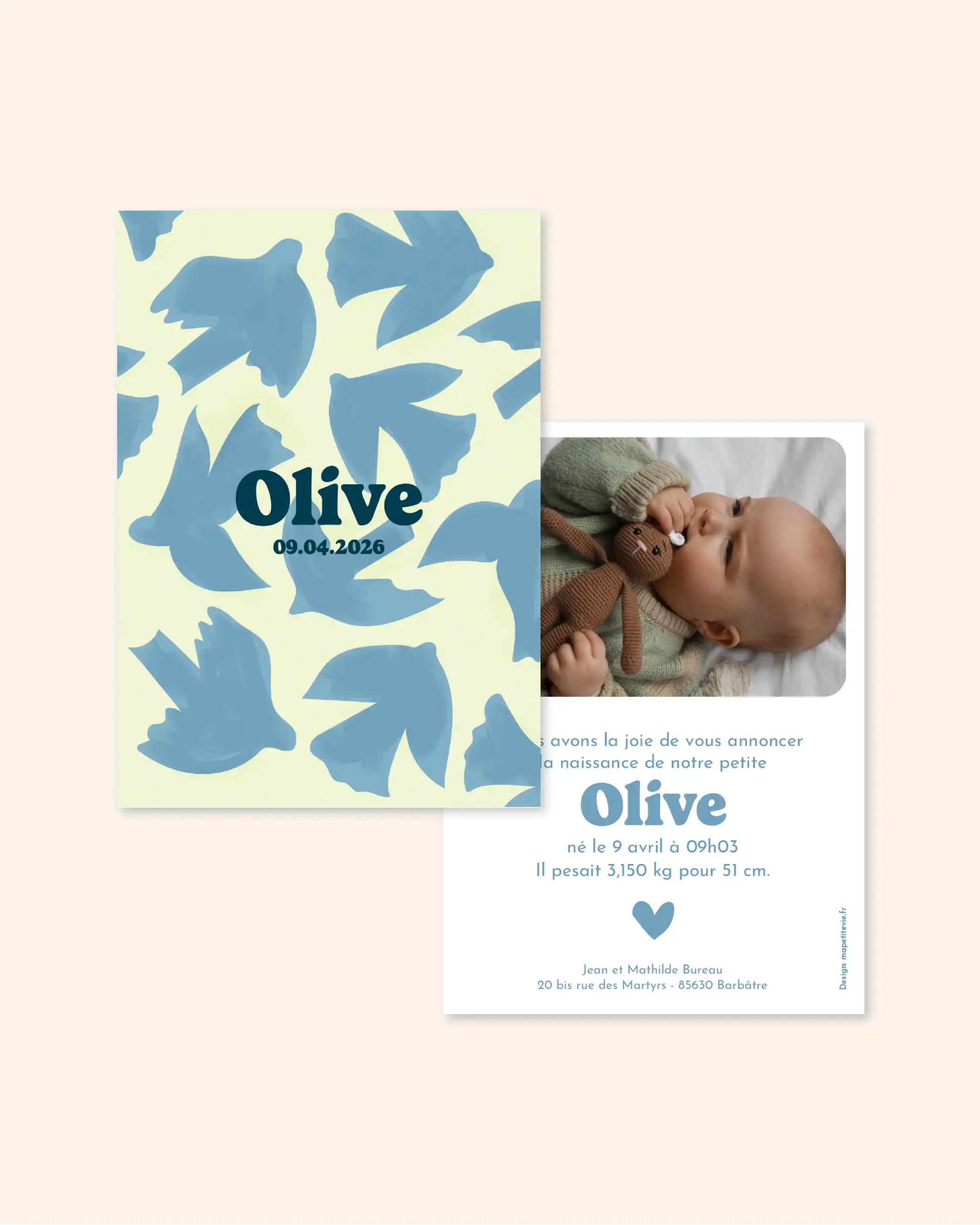 Faire-part de naissance avec des oiseaux bleus peints pour annoncer la naissance de bébé