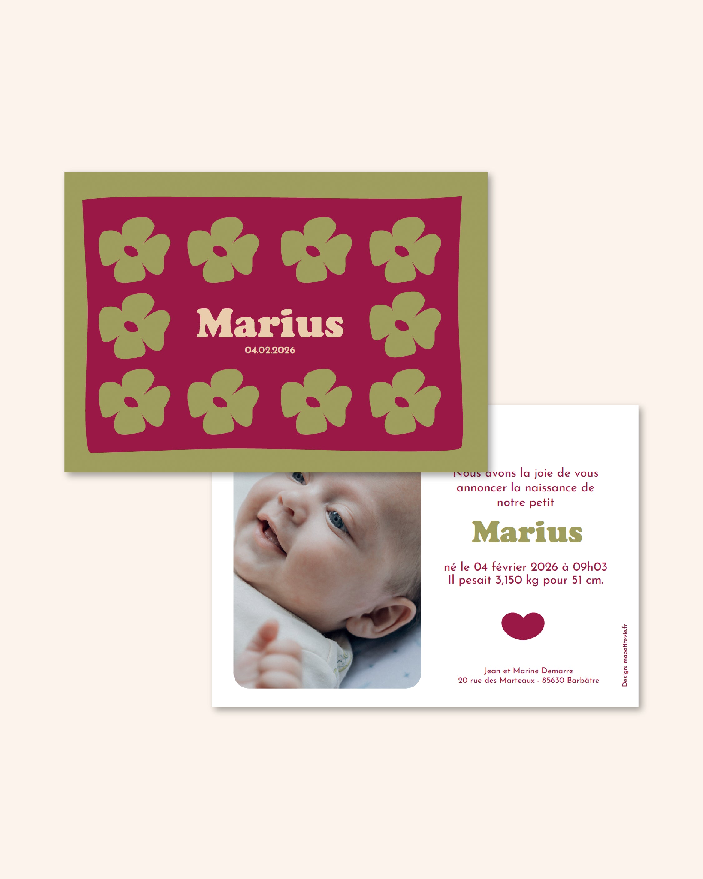 Faire part de naissance à trèfles verts pour annoncer l'arrivée de bébé.
