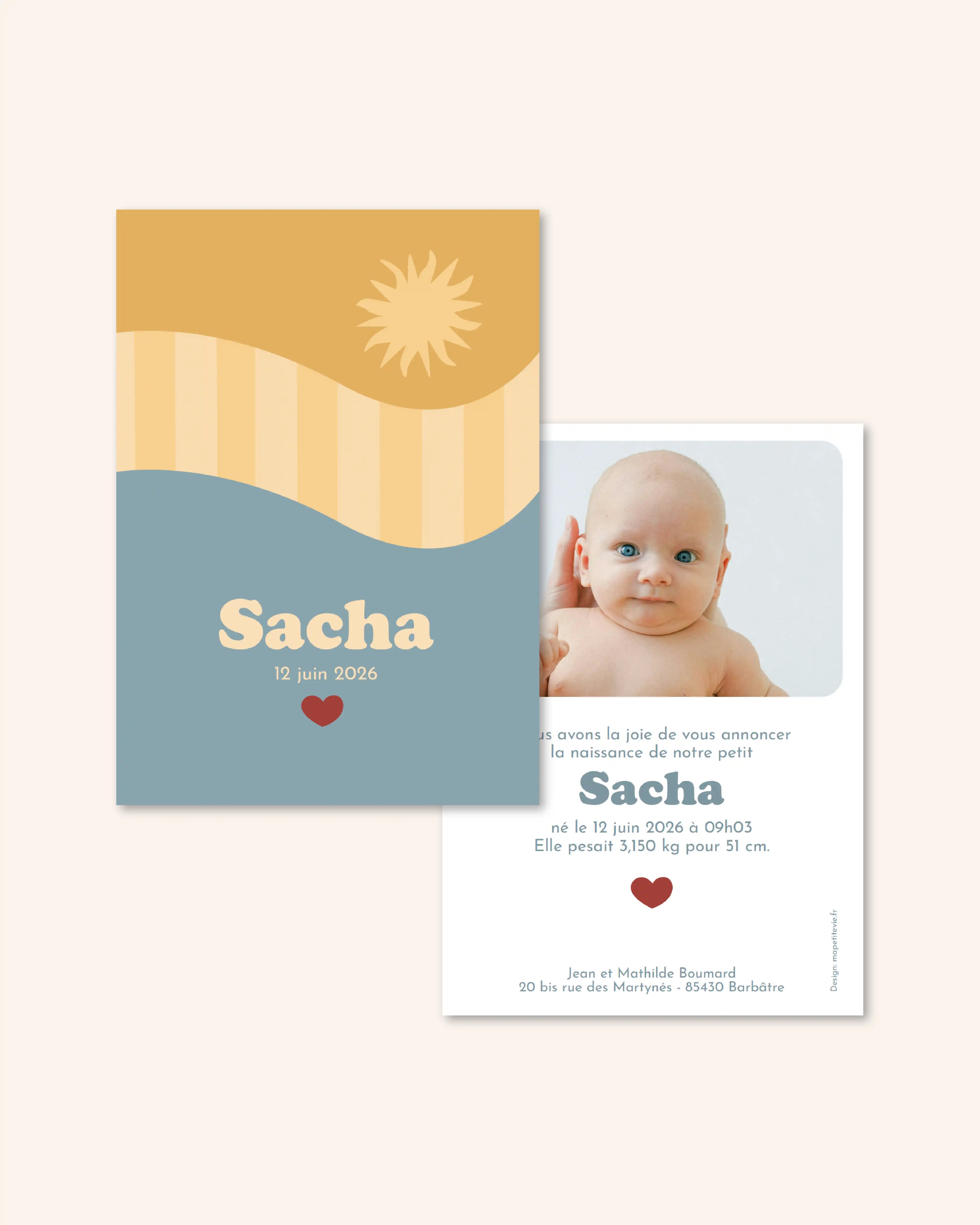 Faire-part de naissance à personnaliser pour les bébés d'été.