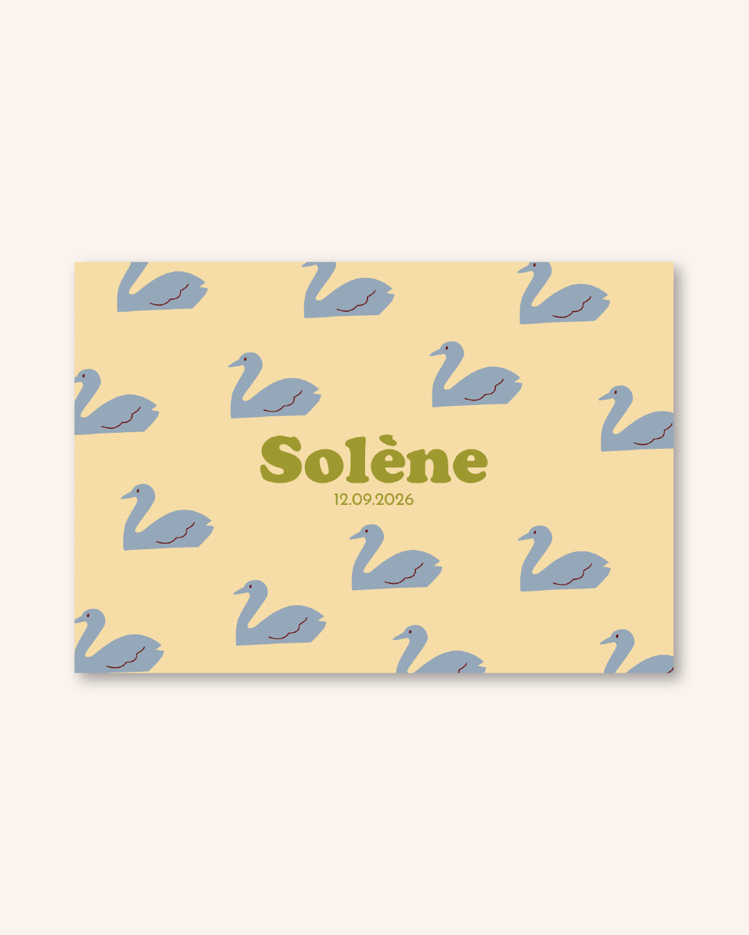Faire part de naissance pour bébé avec des cygnes sur fond jaune pastel