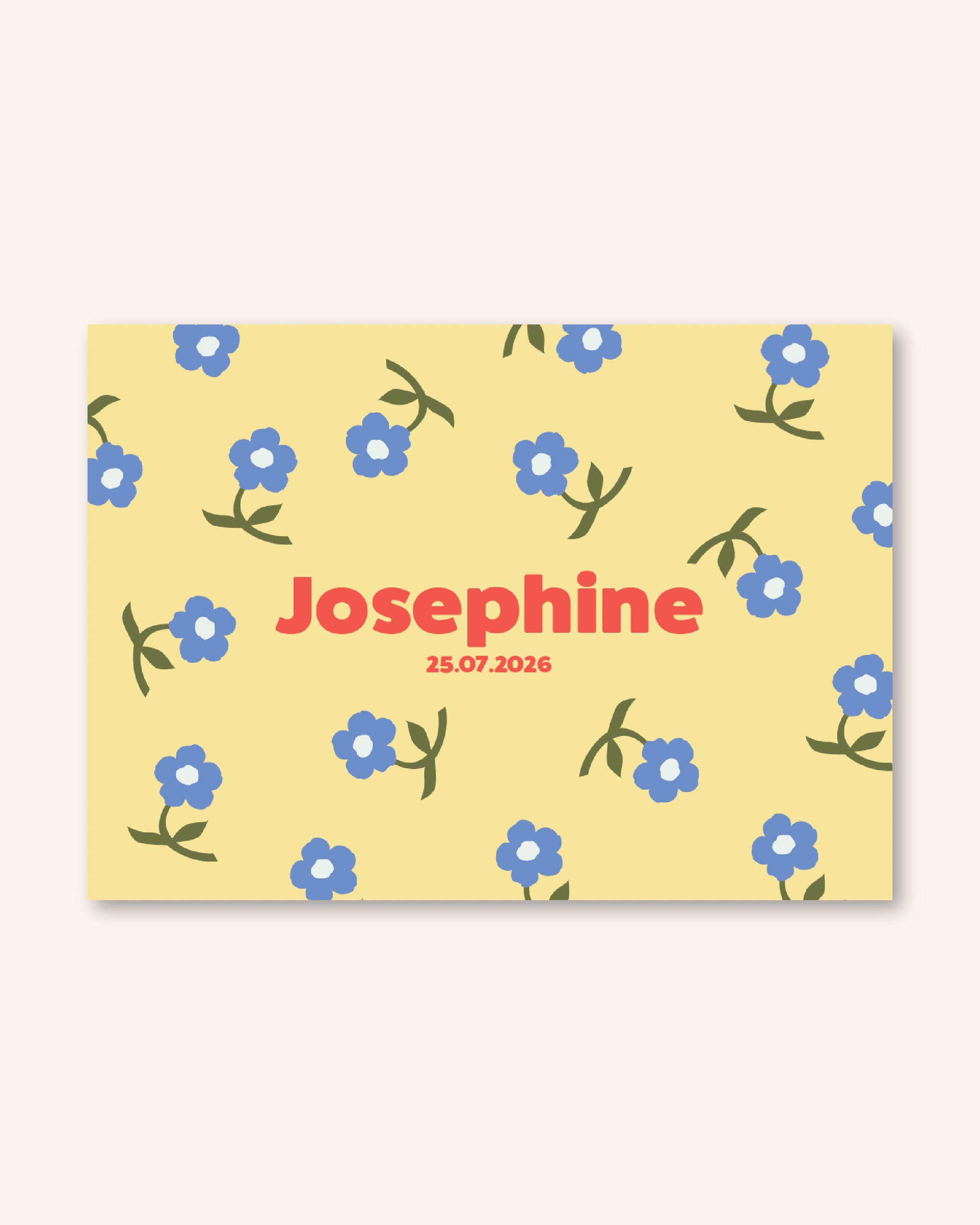 faire part de naissance avec des fleurs bleues sur fond jaune