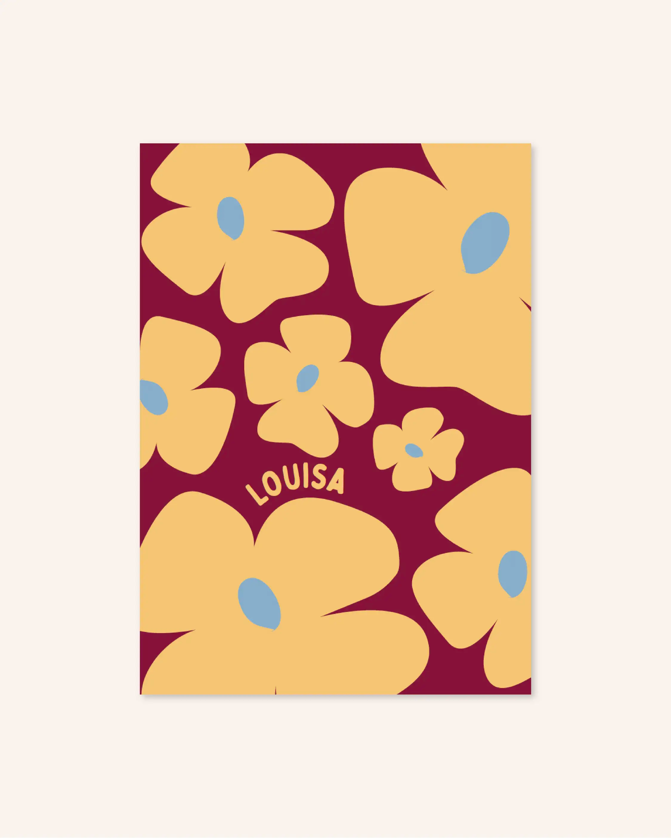 Faire part de naissance pour bébé avec de grosses fleurs jaunes sur un fond marron