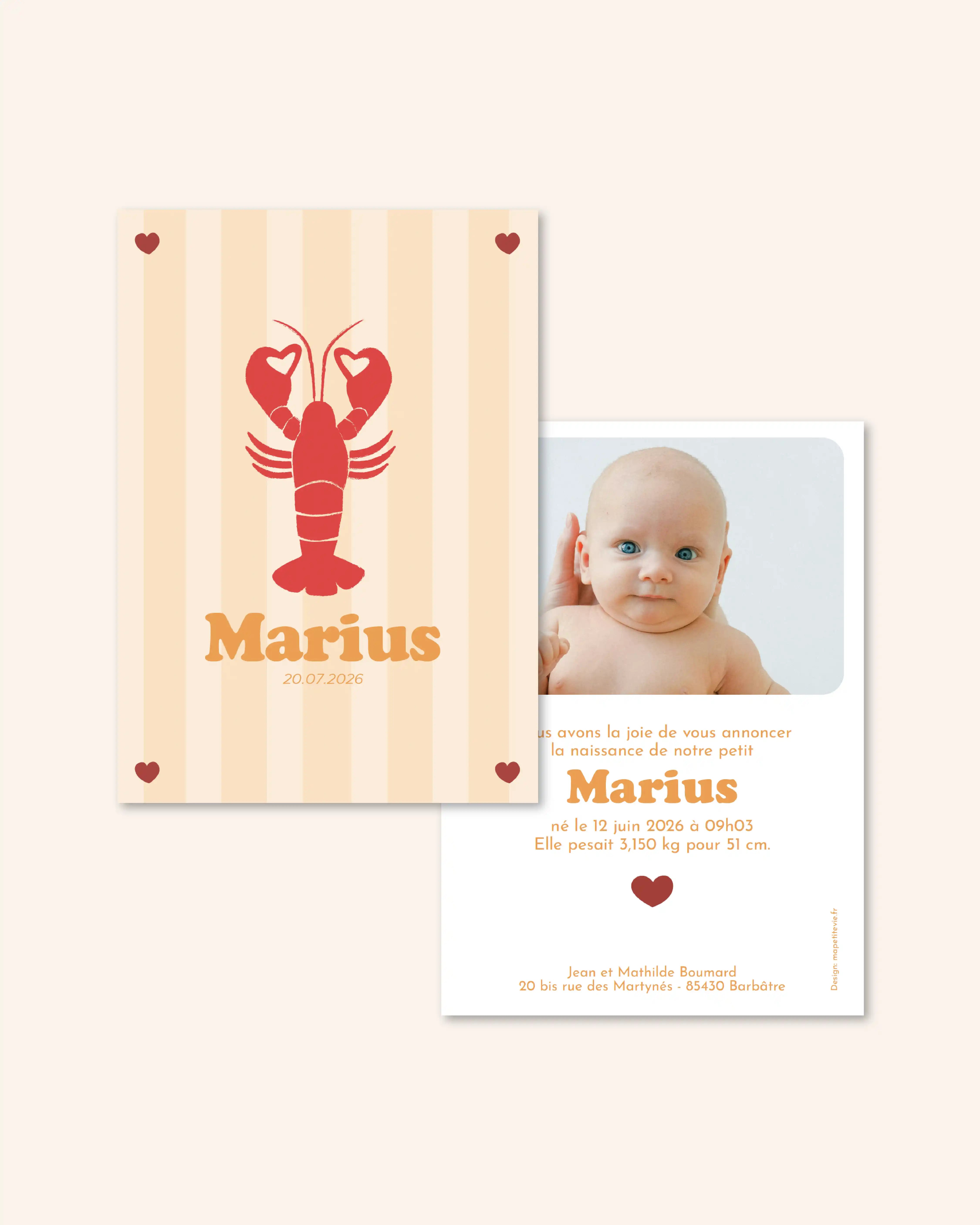 Faire part de naissance pour bébé avec un joli homard illustré