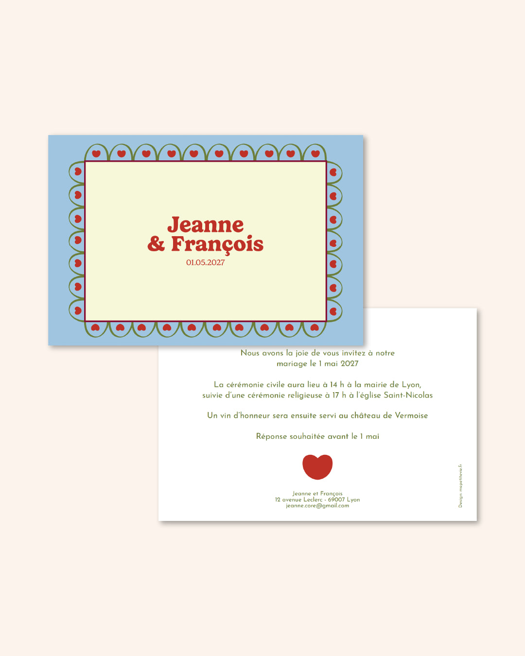 Faire part mariage champêtre, annonce mariage, illustrations coeurs