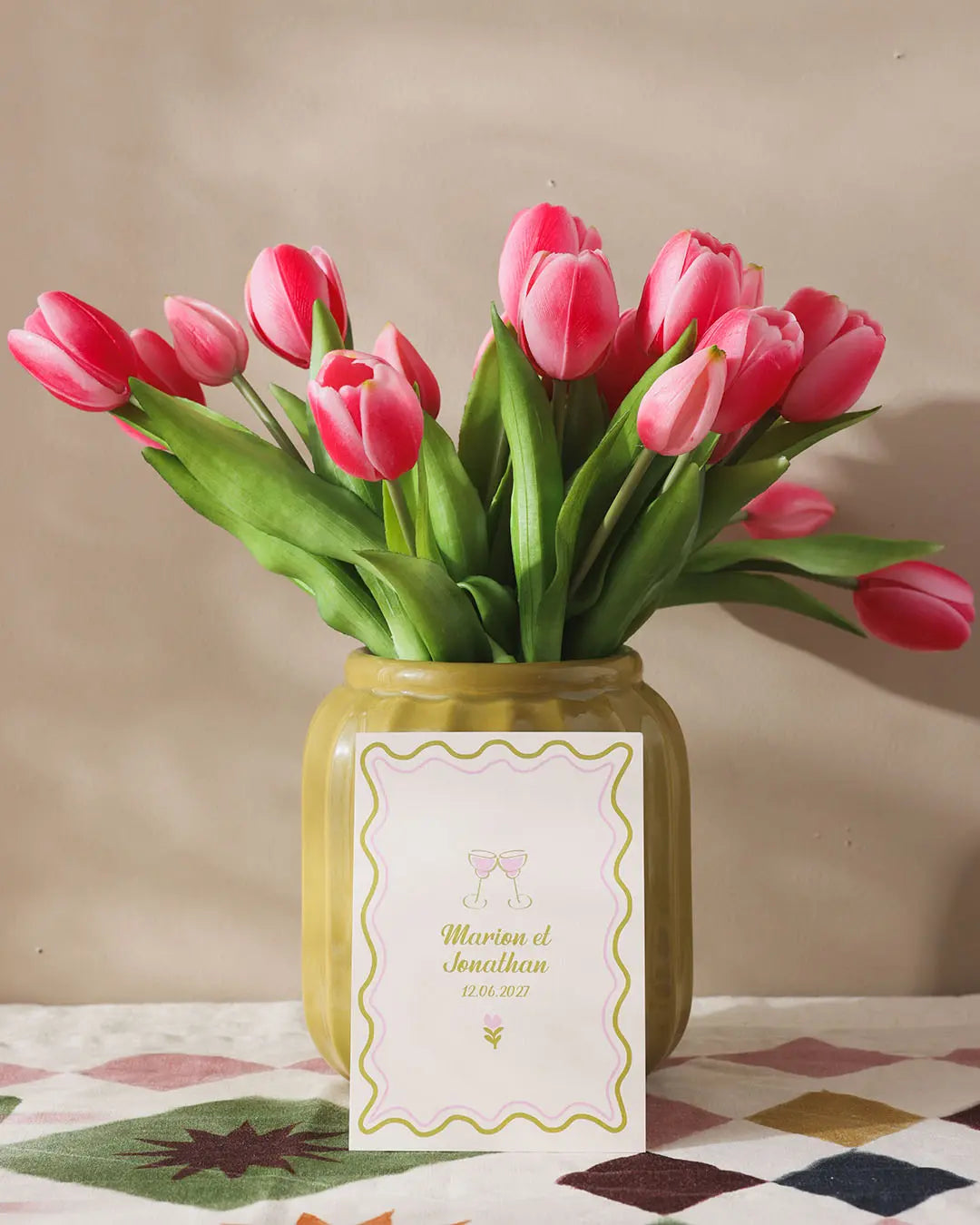Faire-part rose, illustration esthétique, annonce mariage, champêtre