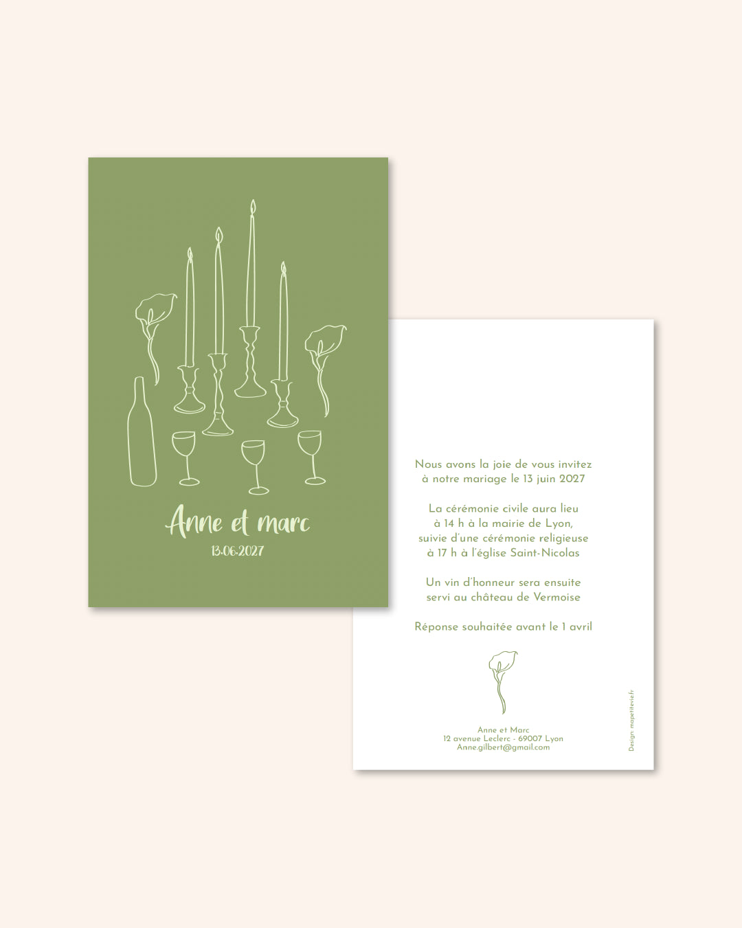 Faire part marriage chandelles, announce mariage, invitation verte