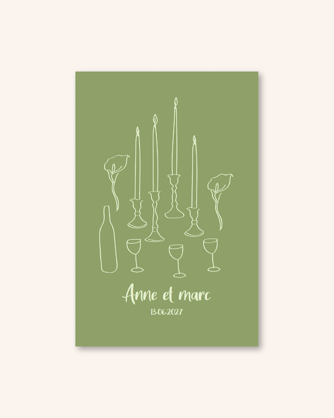 Faire-part marriage, chandelles, illustrations vert kaki moderne