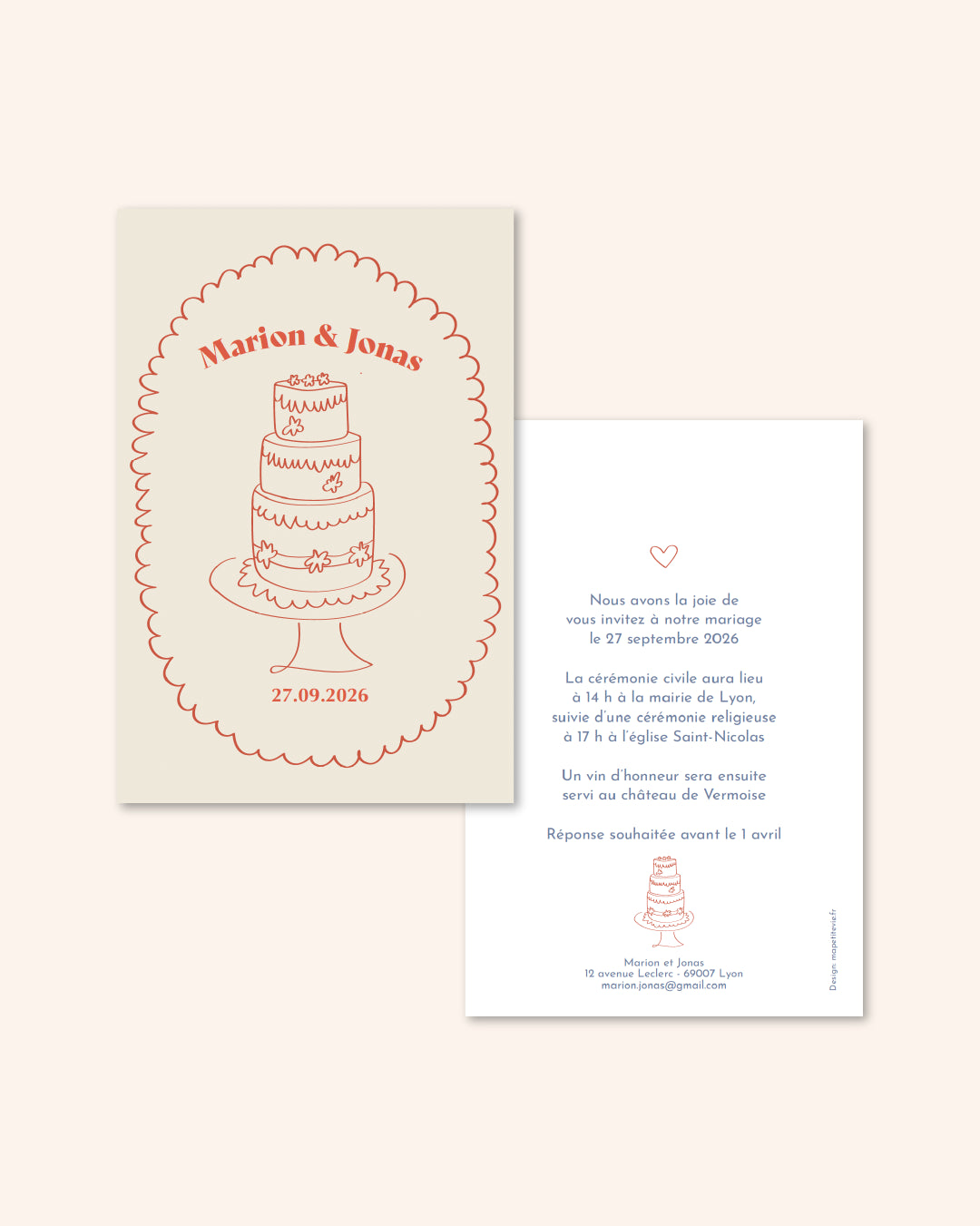 Gâteau mariage, illustration, faire part, annonce mariage, beige, champêtre