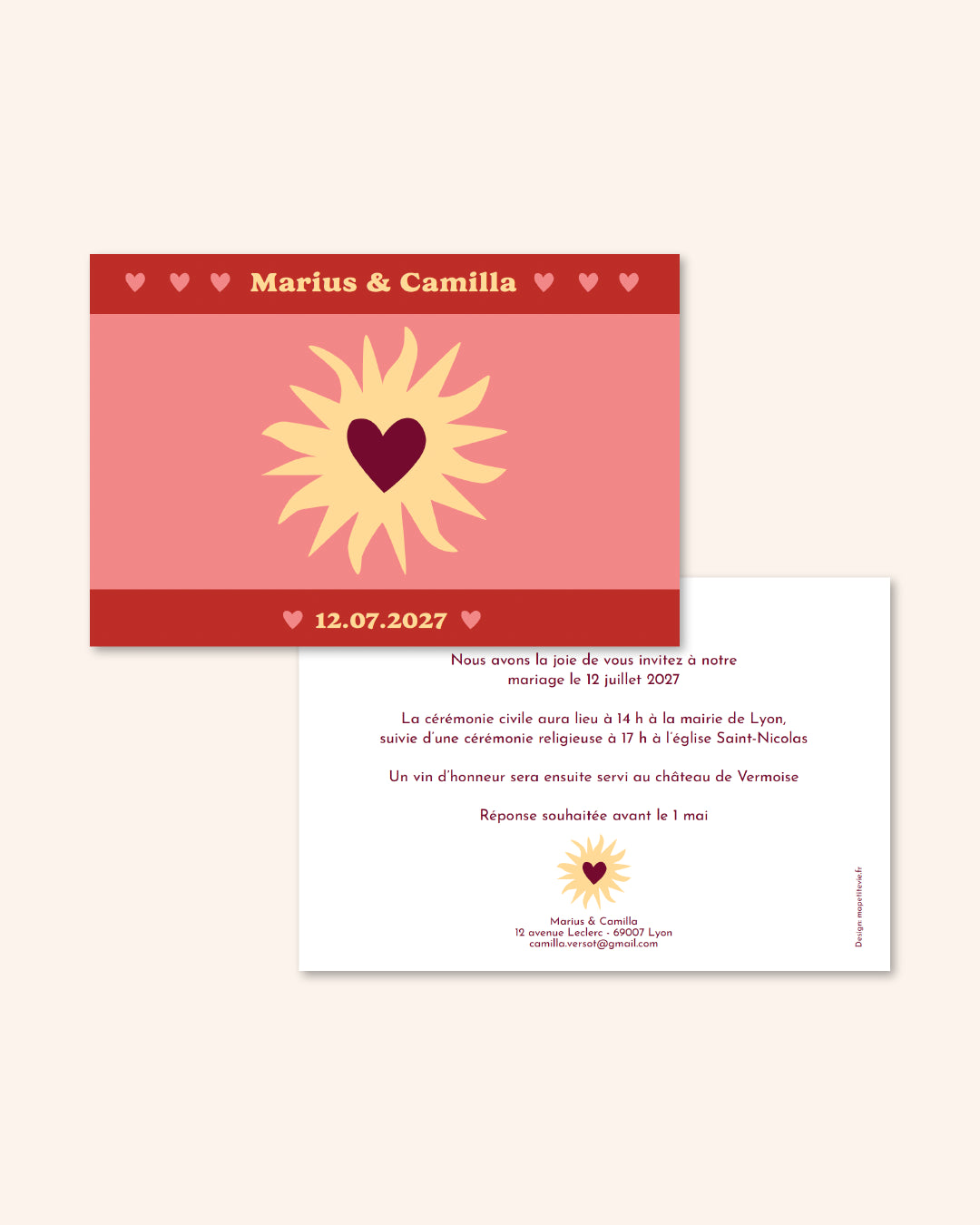 Faire part mariage, illustrations soleils et coeurs, annonce amour