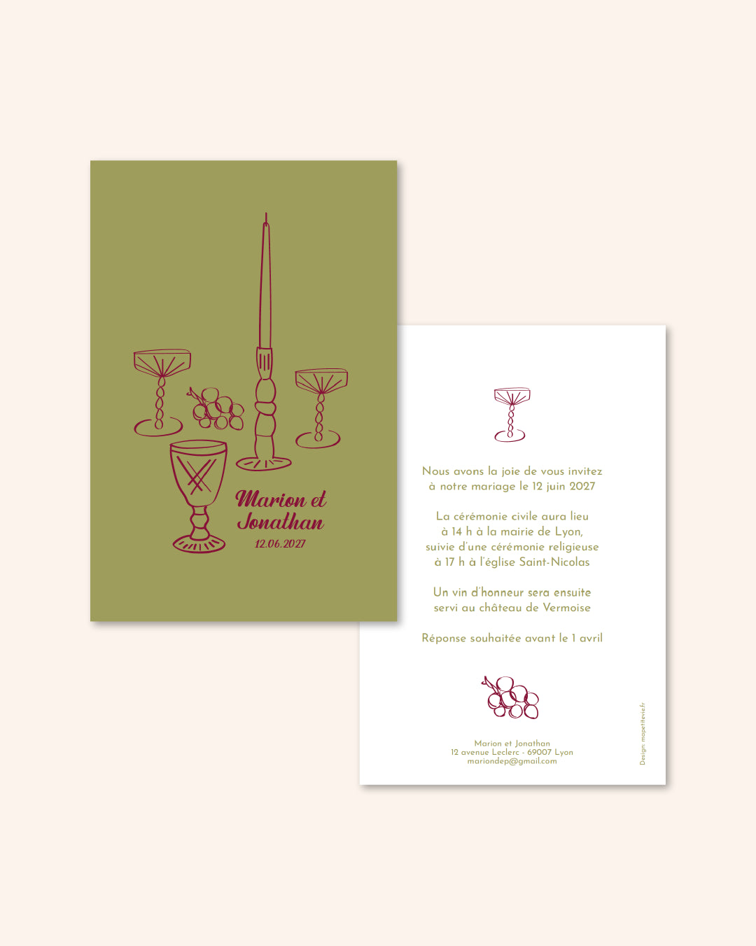 Faire part mariage, invitation couleur, illustration table, kaki