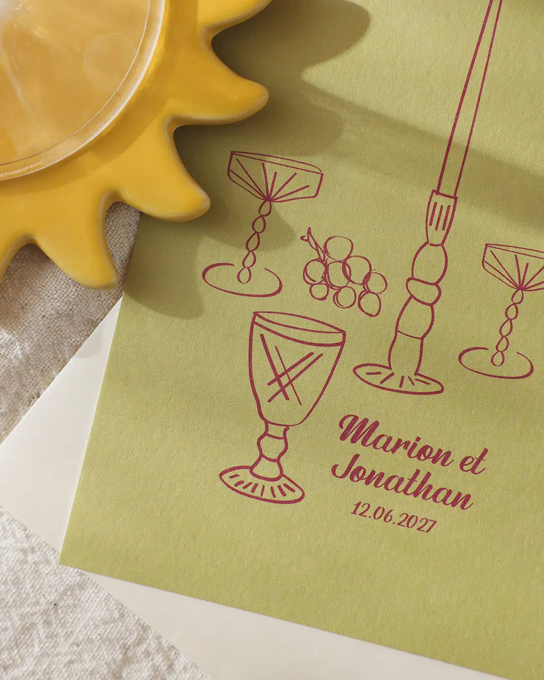 Faire-part kaki, illustration esthétique, annonce mariage, DA mariage moderne