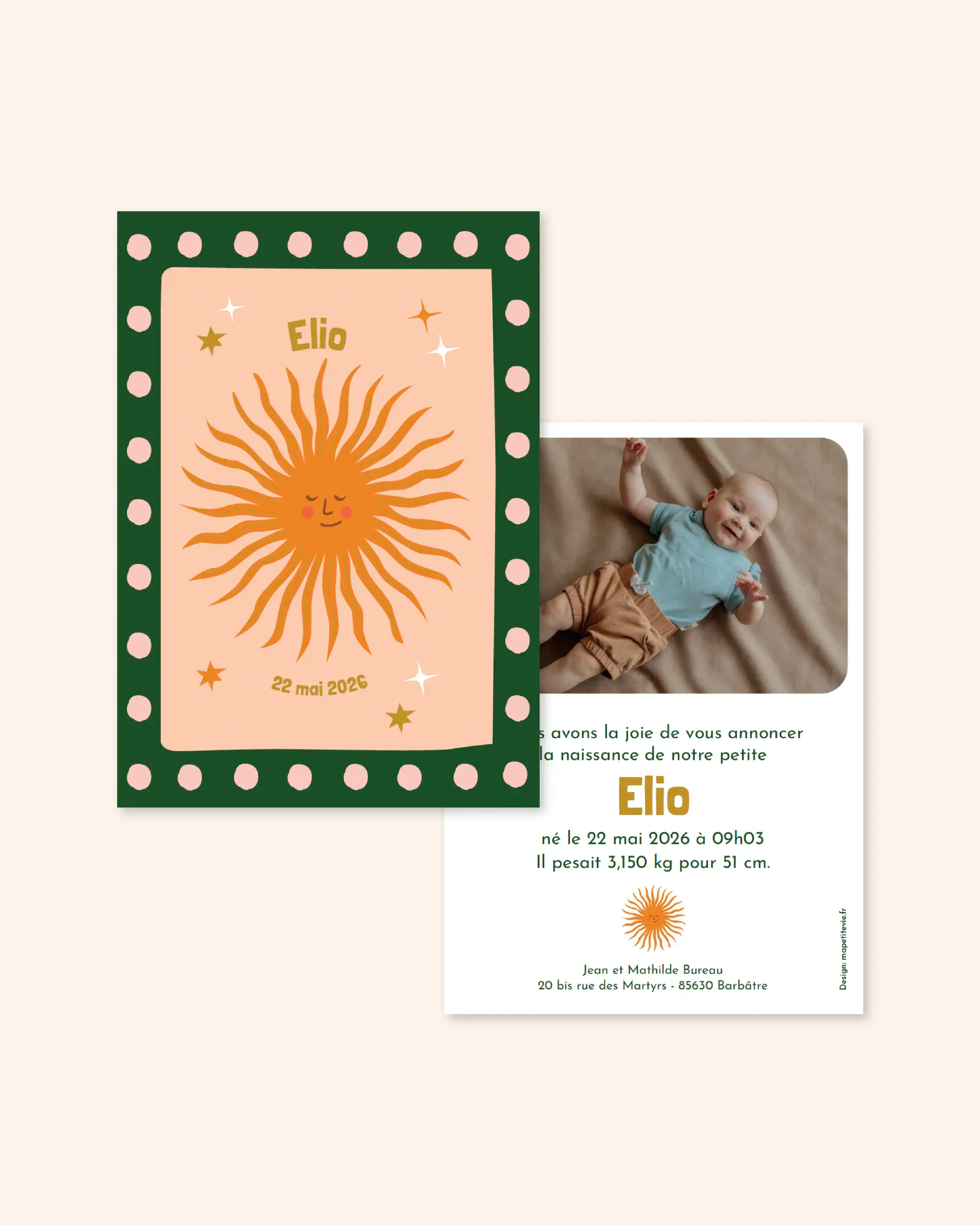 Un faire-part et son illustration très solaire ! Le motif iconique et les couleurs ensoleillées de ce modèle sauront faire pétiller les yeux de tous !