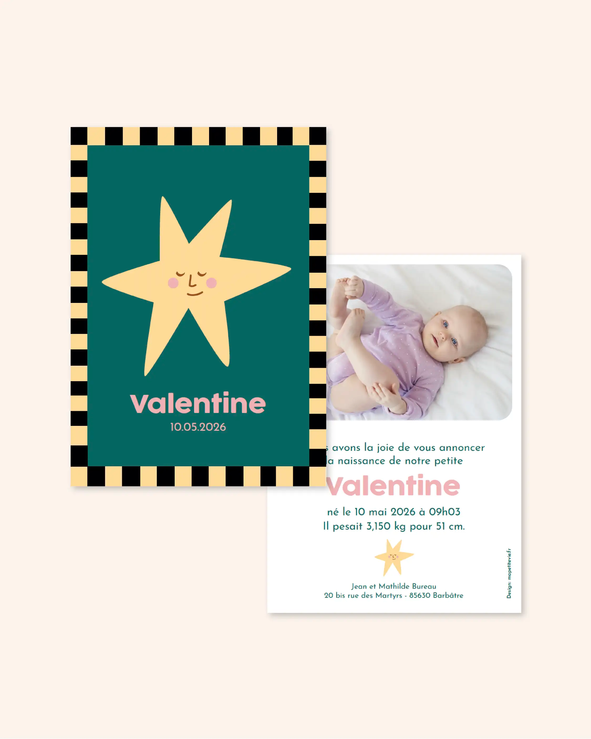 Faire-part de naissance vert et jaune pour petite fille avec une étoile souriante illustrée.