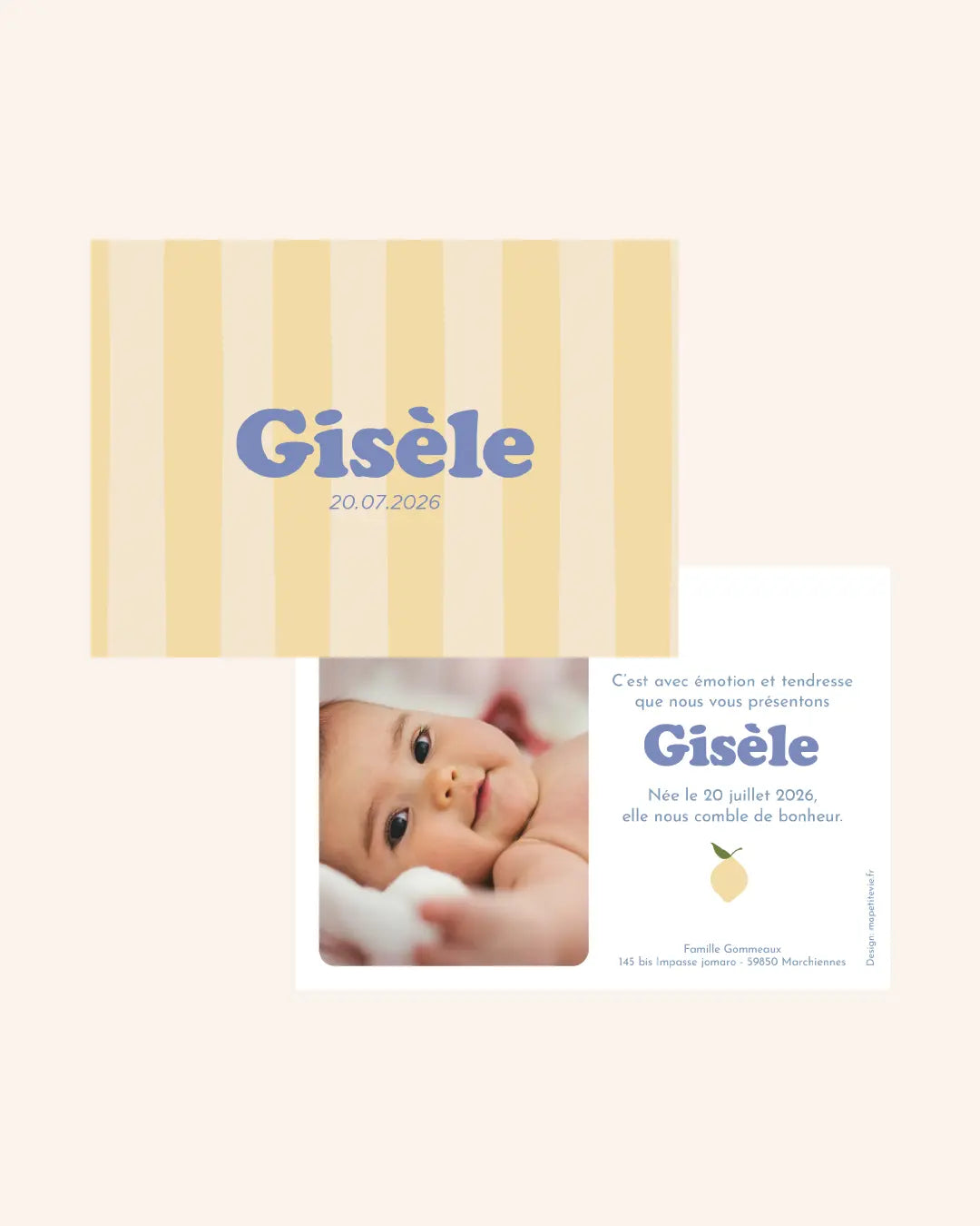 Faire part de naissance pour bébé, estival et à rayures jaune citron