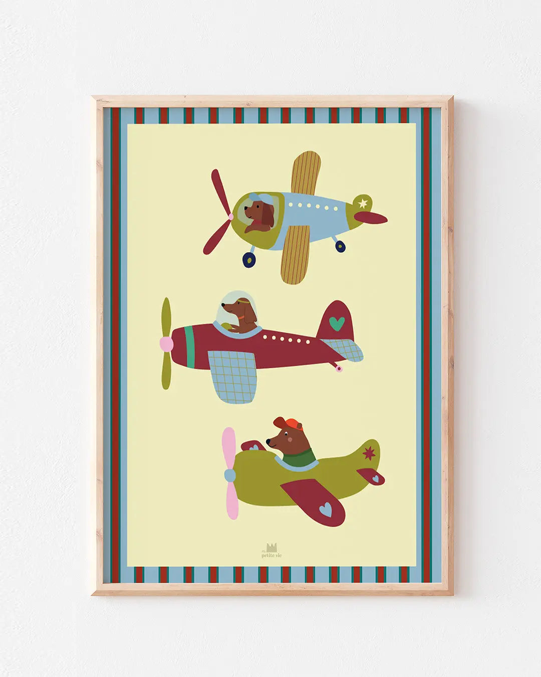 Grande affiche des animaux qui pilotent un avion, couleurs franches et pétillantes.