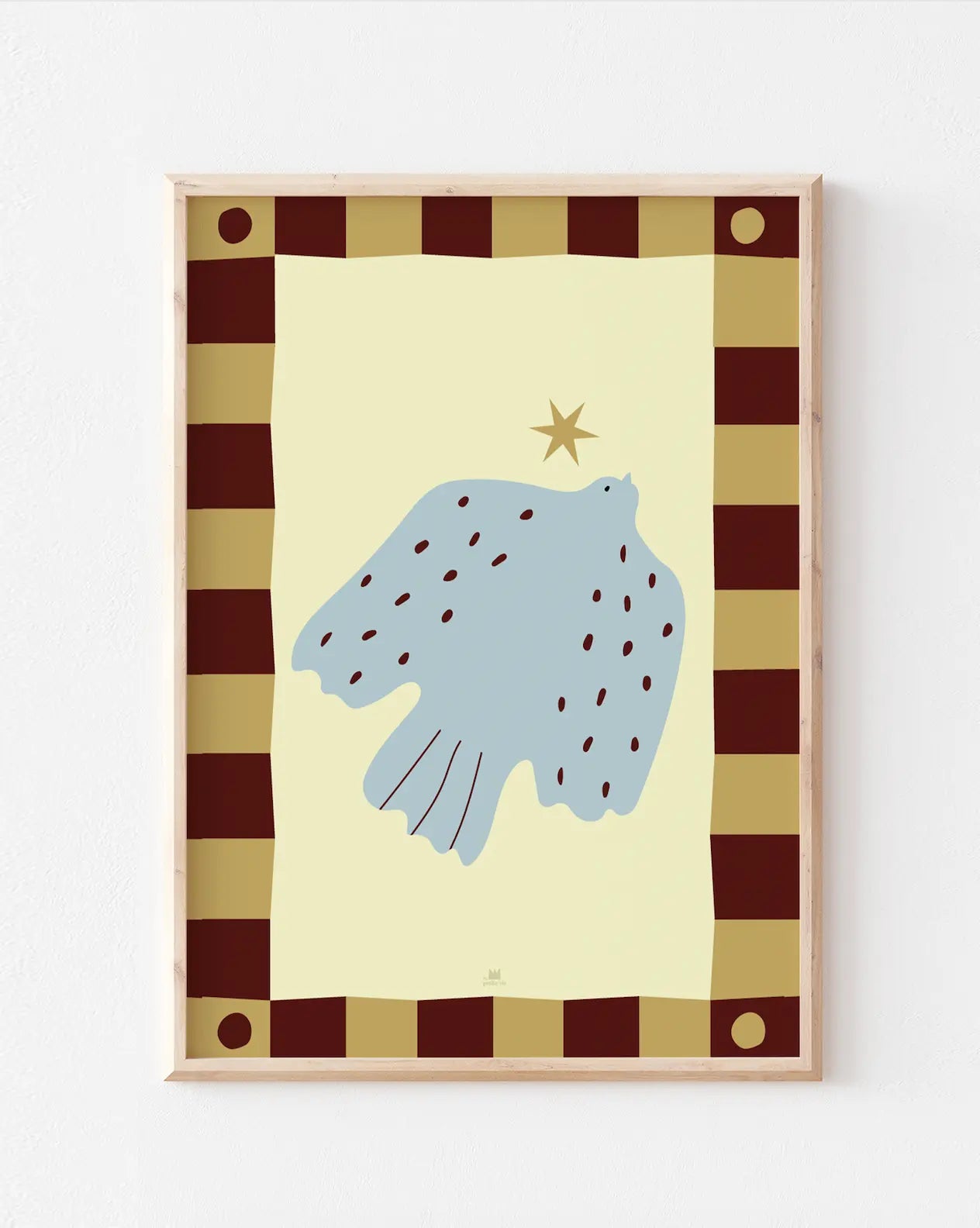 Grande affiche grand oiseau bleu et damier doré pour la décoration d'un salon.