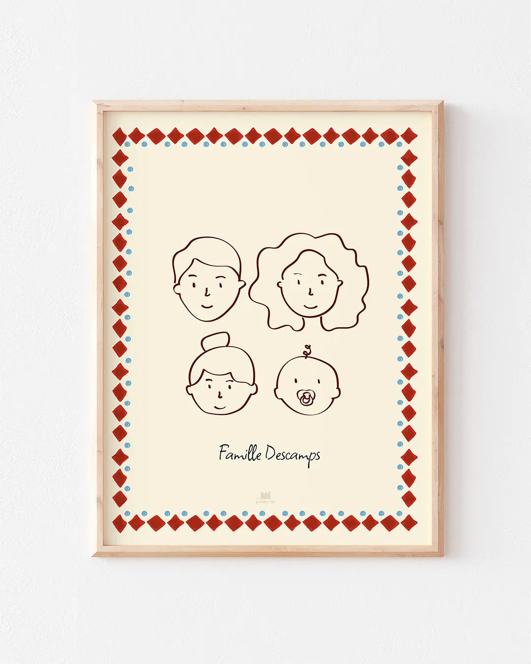Portrait de famille à personnaliser avec un bord losanges rouges