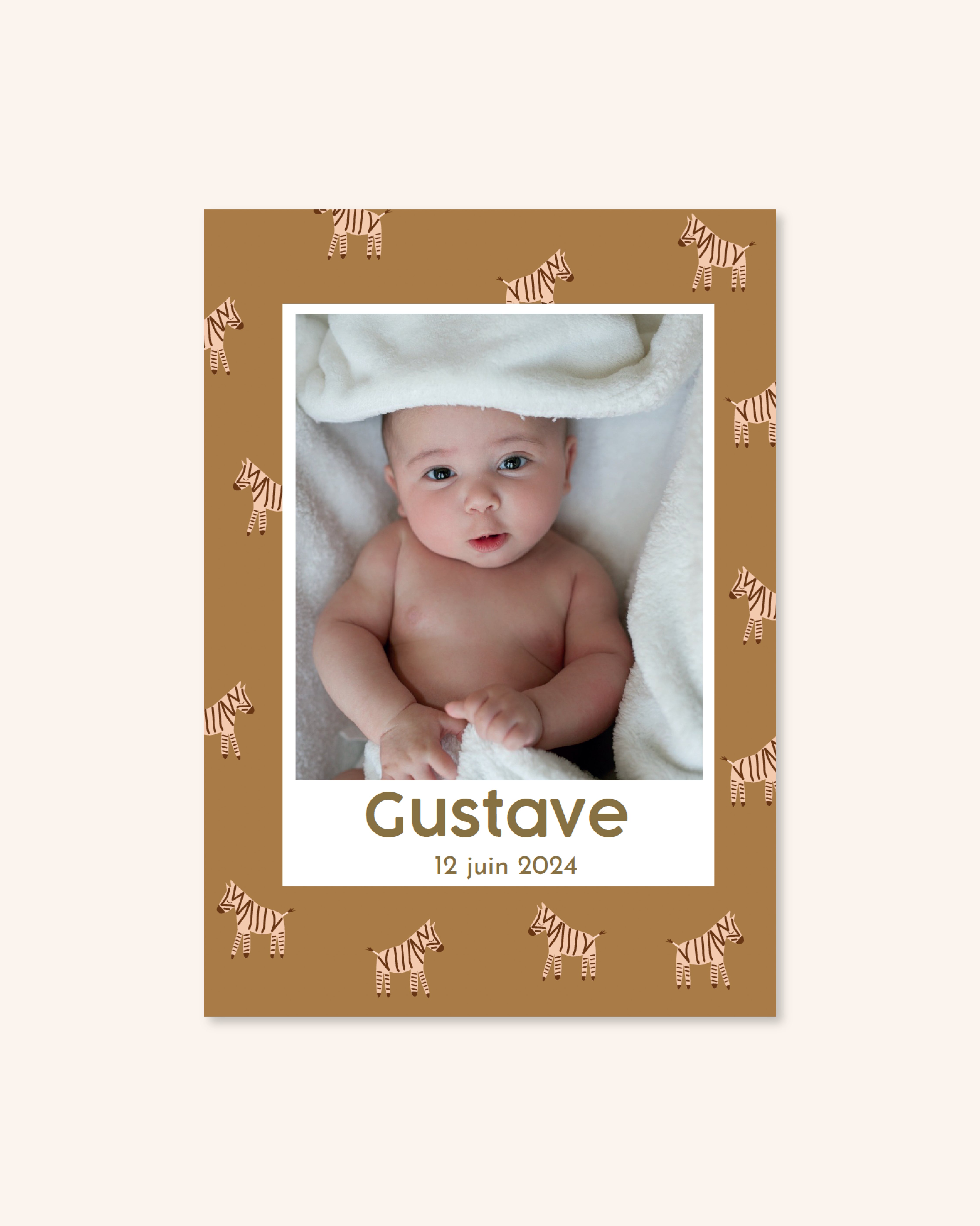 Faire-part de naissance avec photo et zèbres illustrés pour annoncer naissance.