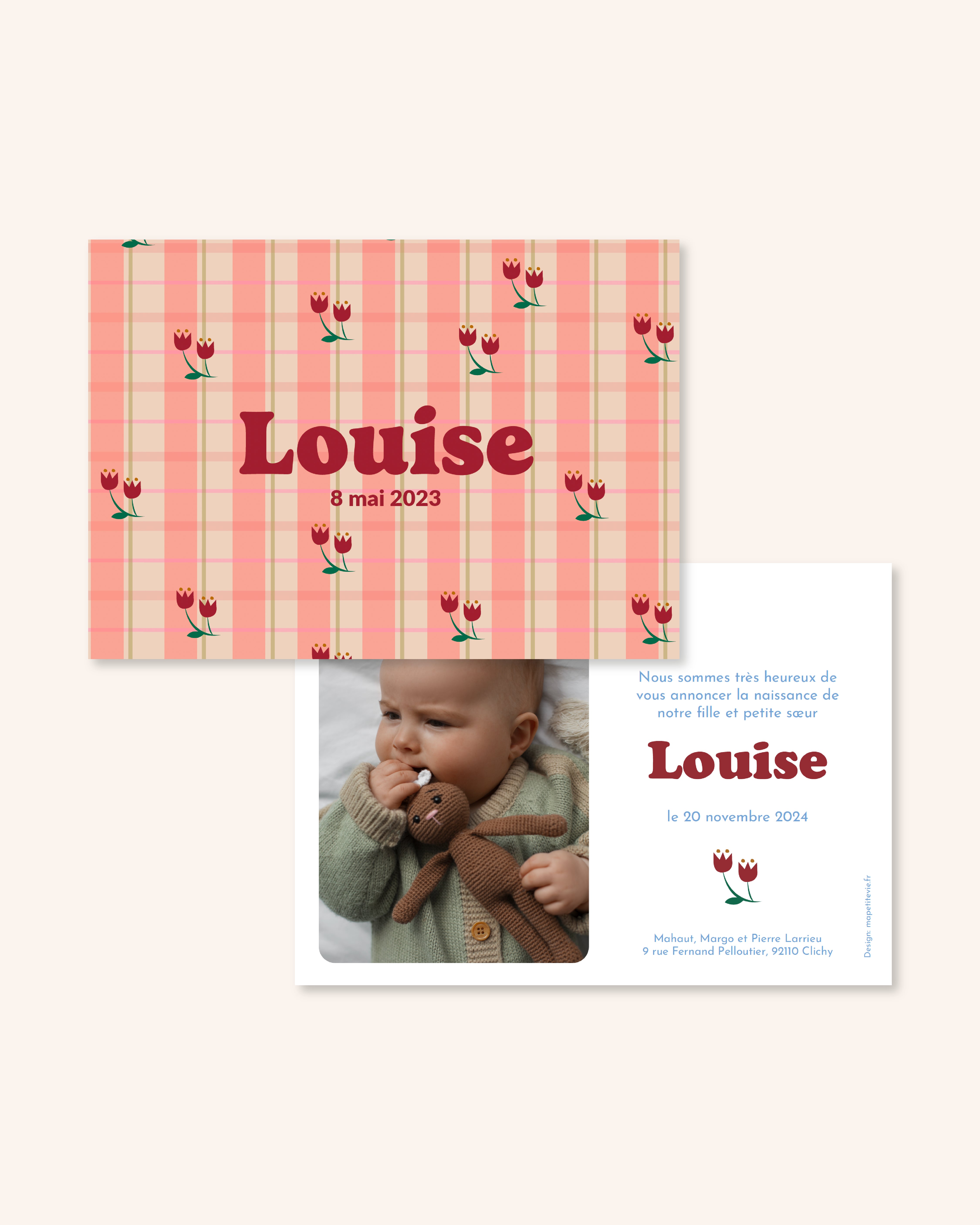 Faire-part de naissance enfant avec motifs fleurs pour annoncer naissance bébé.