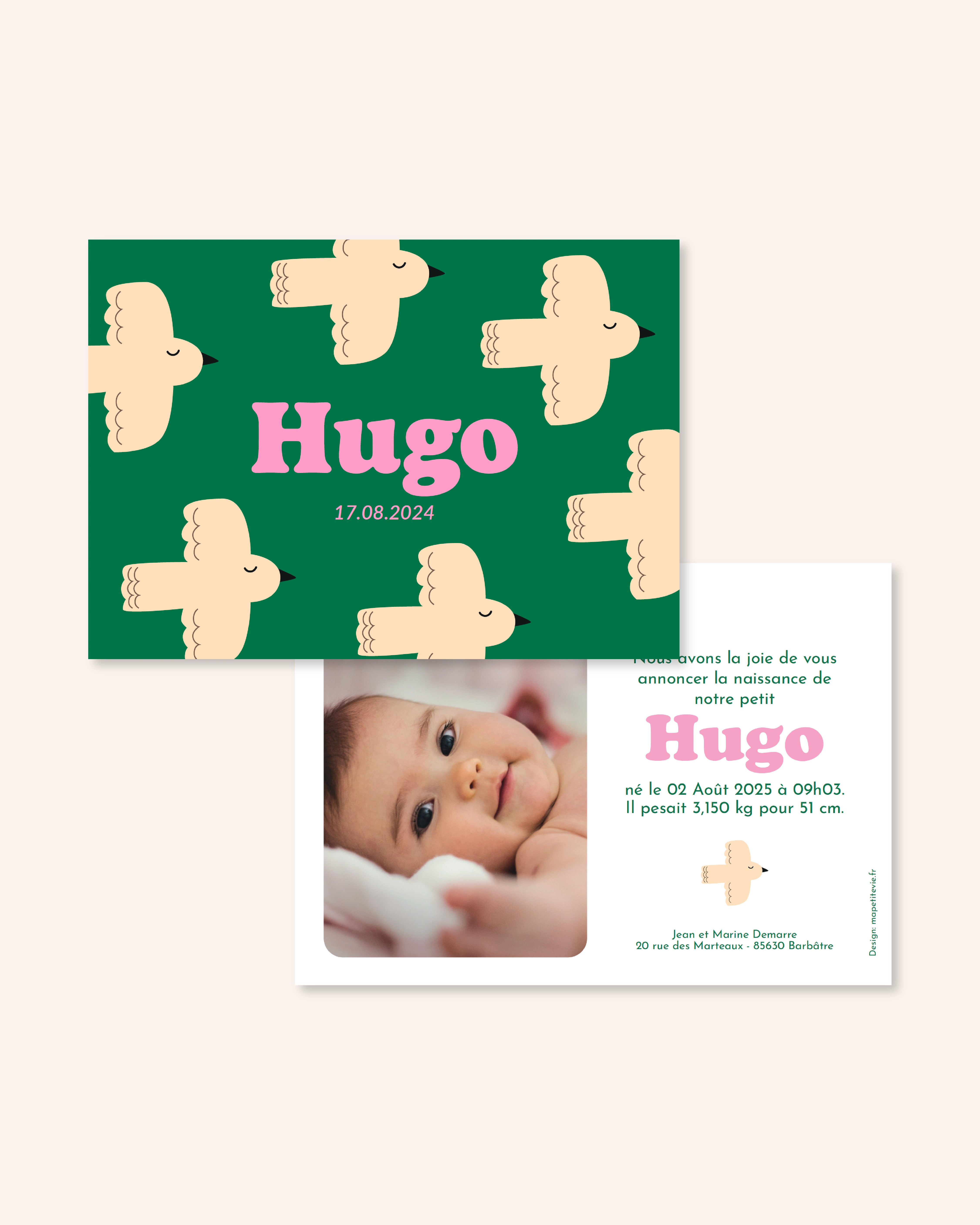 Faire-part de naissance enfant avec oiseaux beiges pour annoncer naissance bébé.