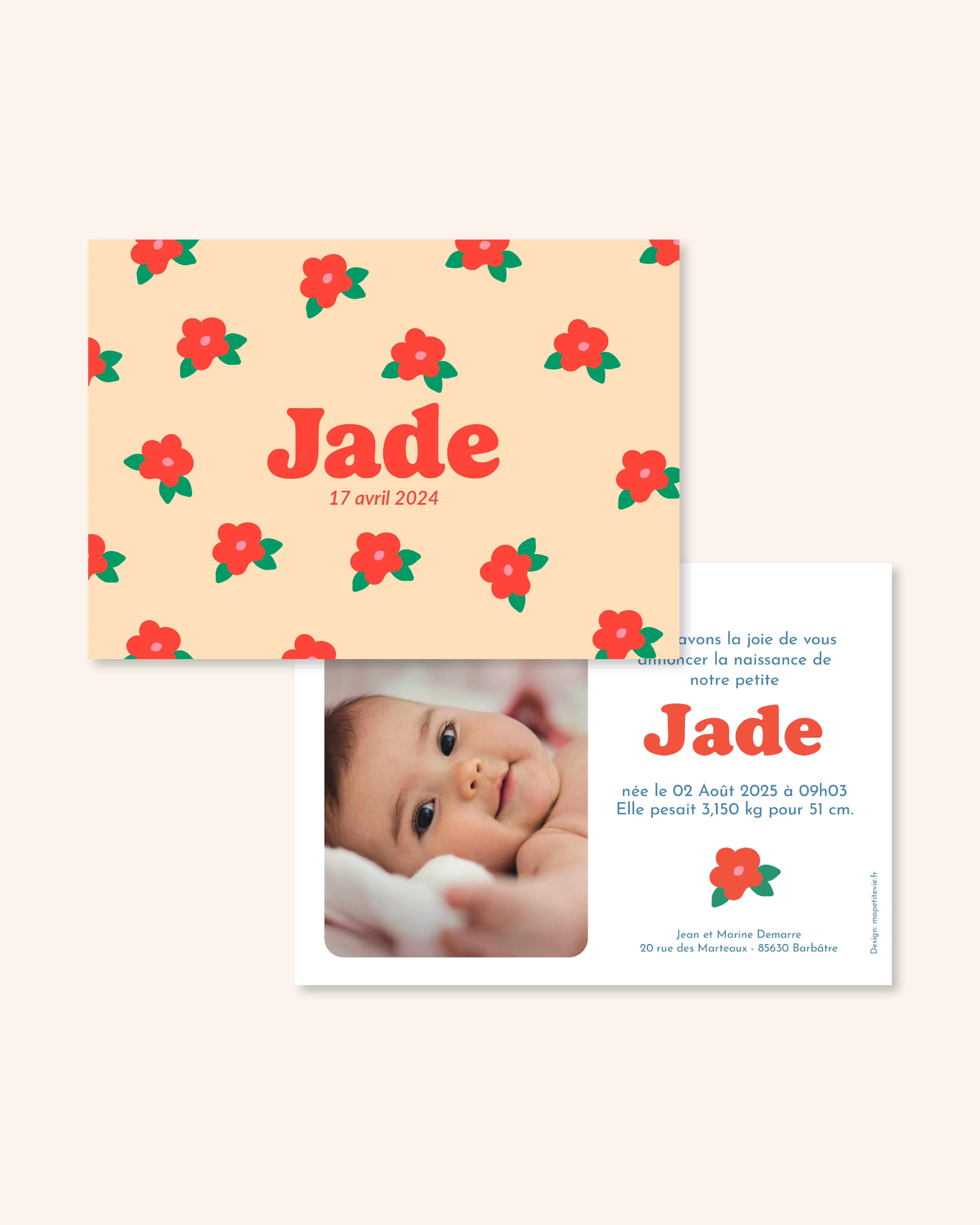 Faire-part de naissance enfant avec des fleurs rouges pour annoncer naissance bébé.