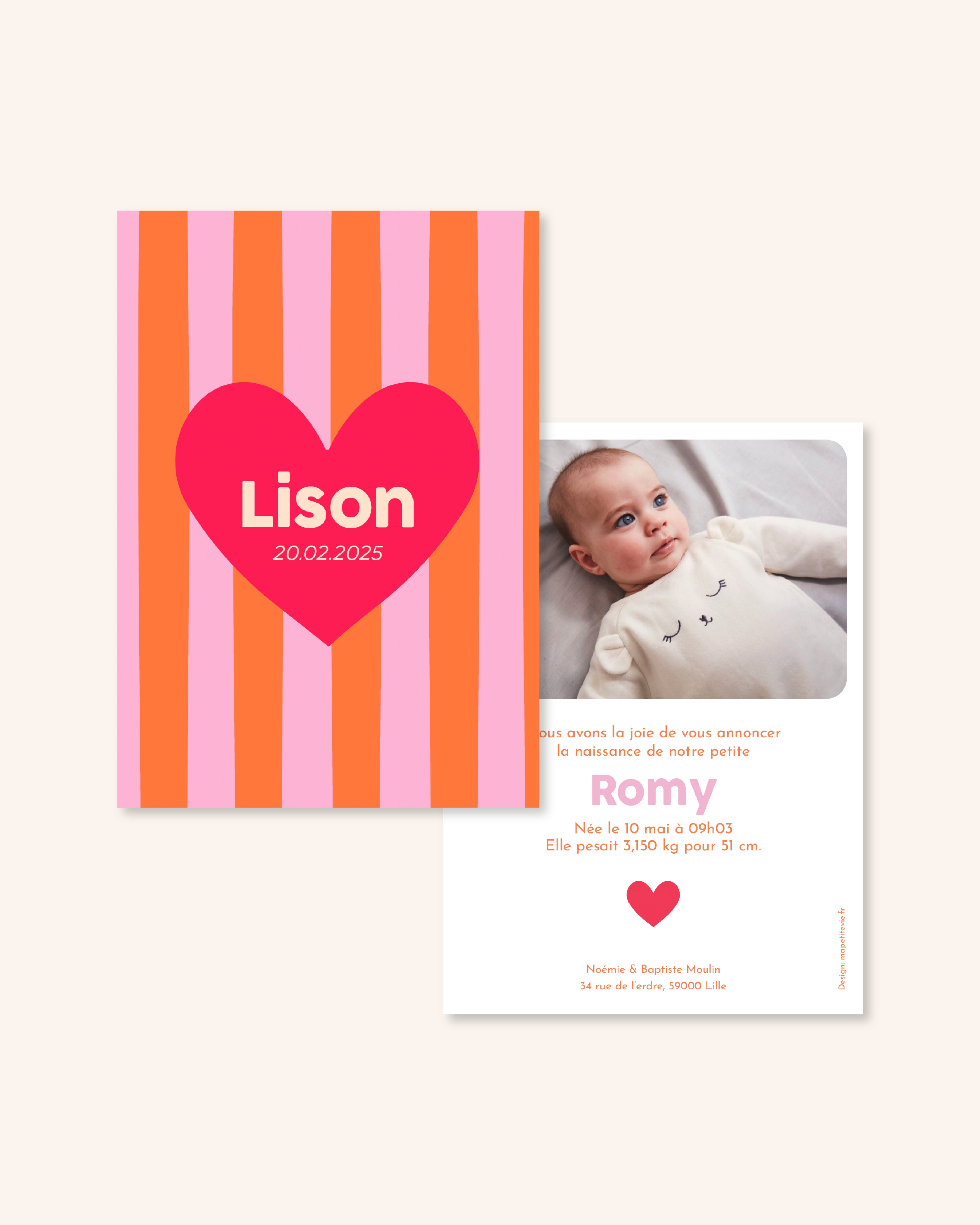 Faire-part de naissance coeur rose avec couleurs orange pour annoncer naissance bébé.