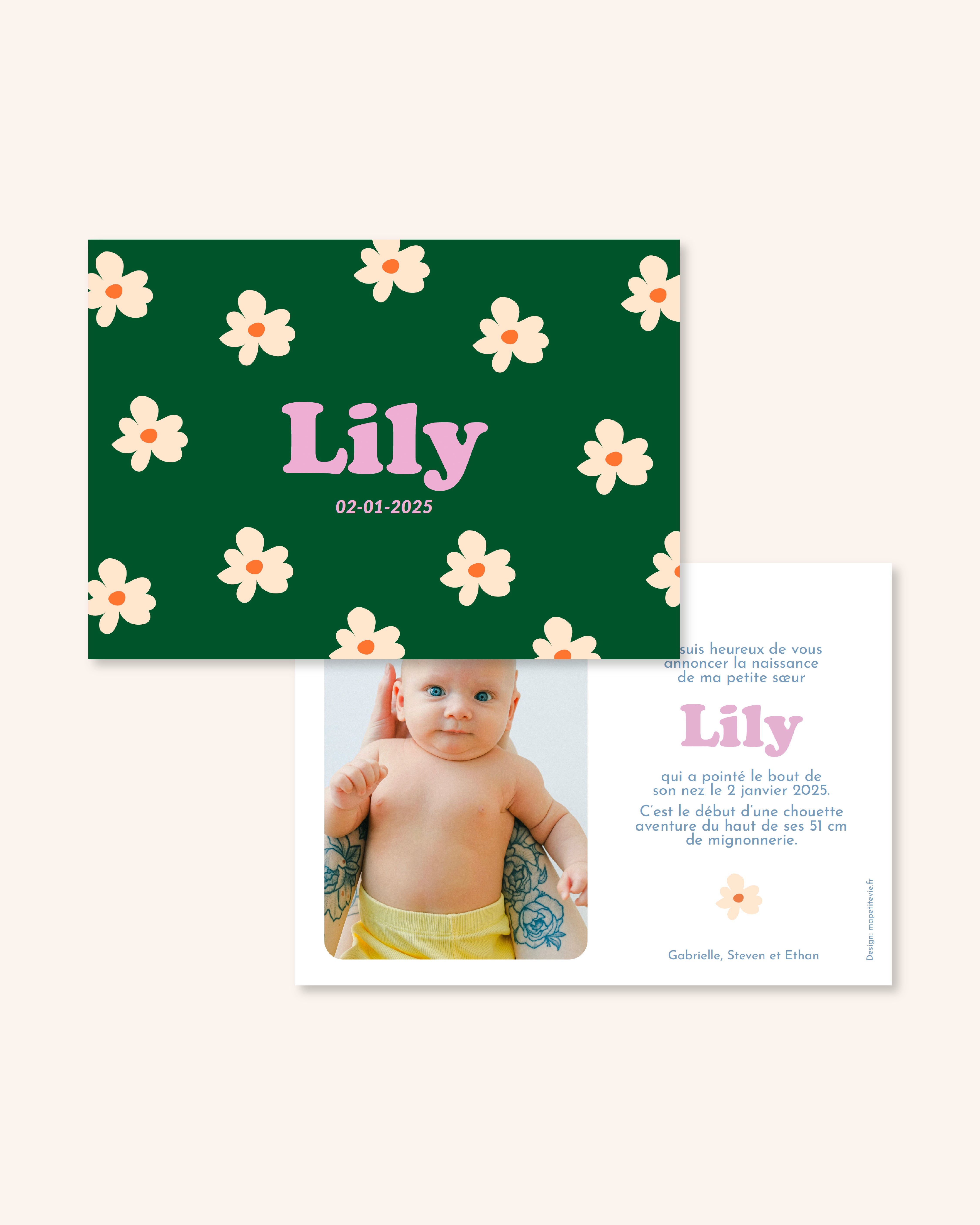 Faire-part de naissance bébé avec des fleurs pour annoncer la naissance de bébé.