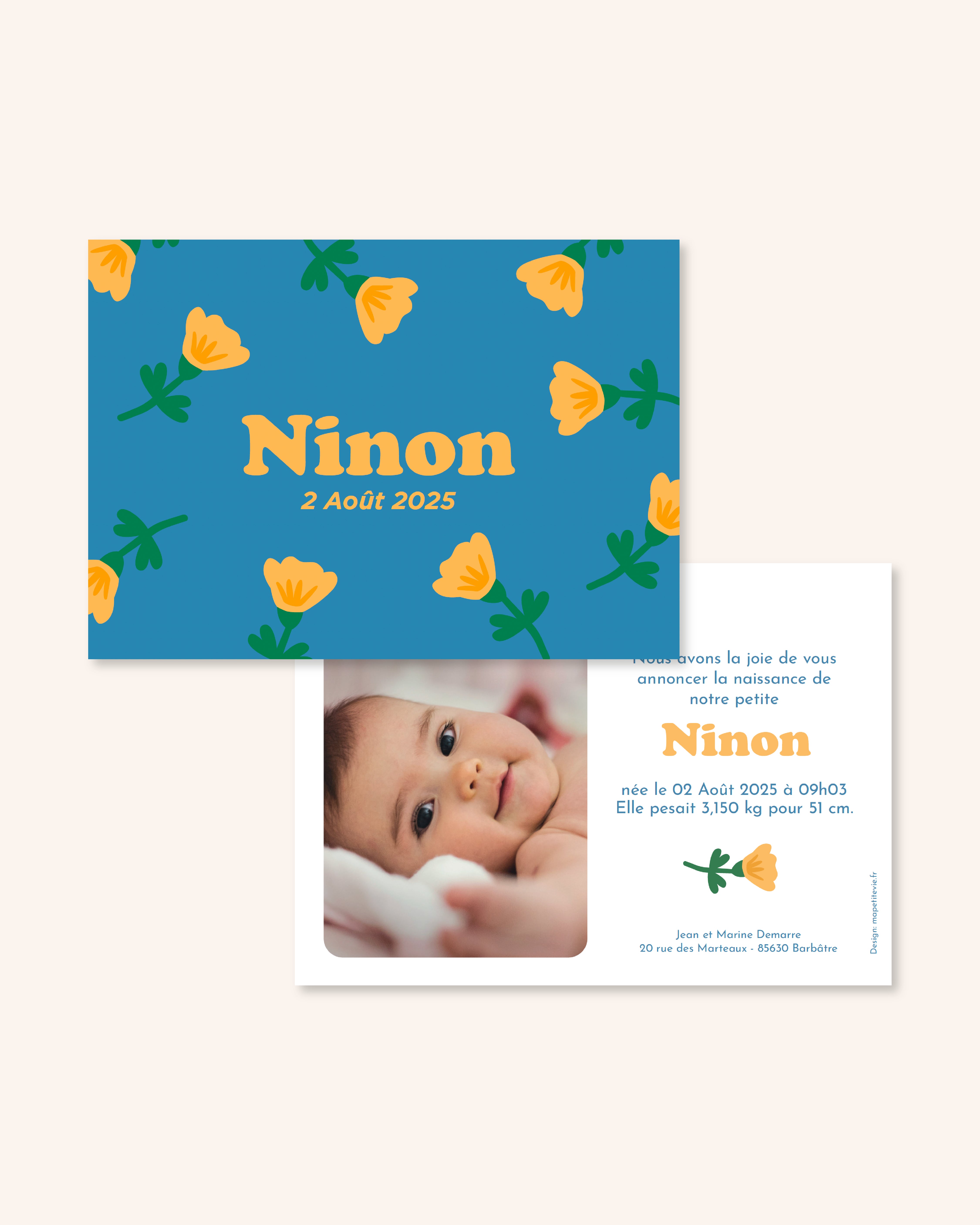 Faire-part de naissance enfant avec motif pour annoncer naissance bébé.
