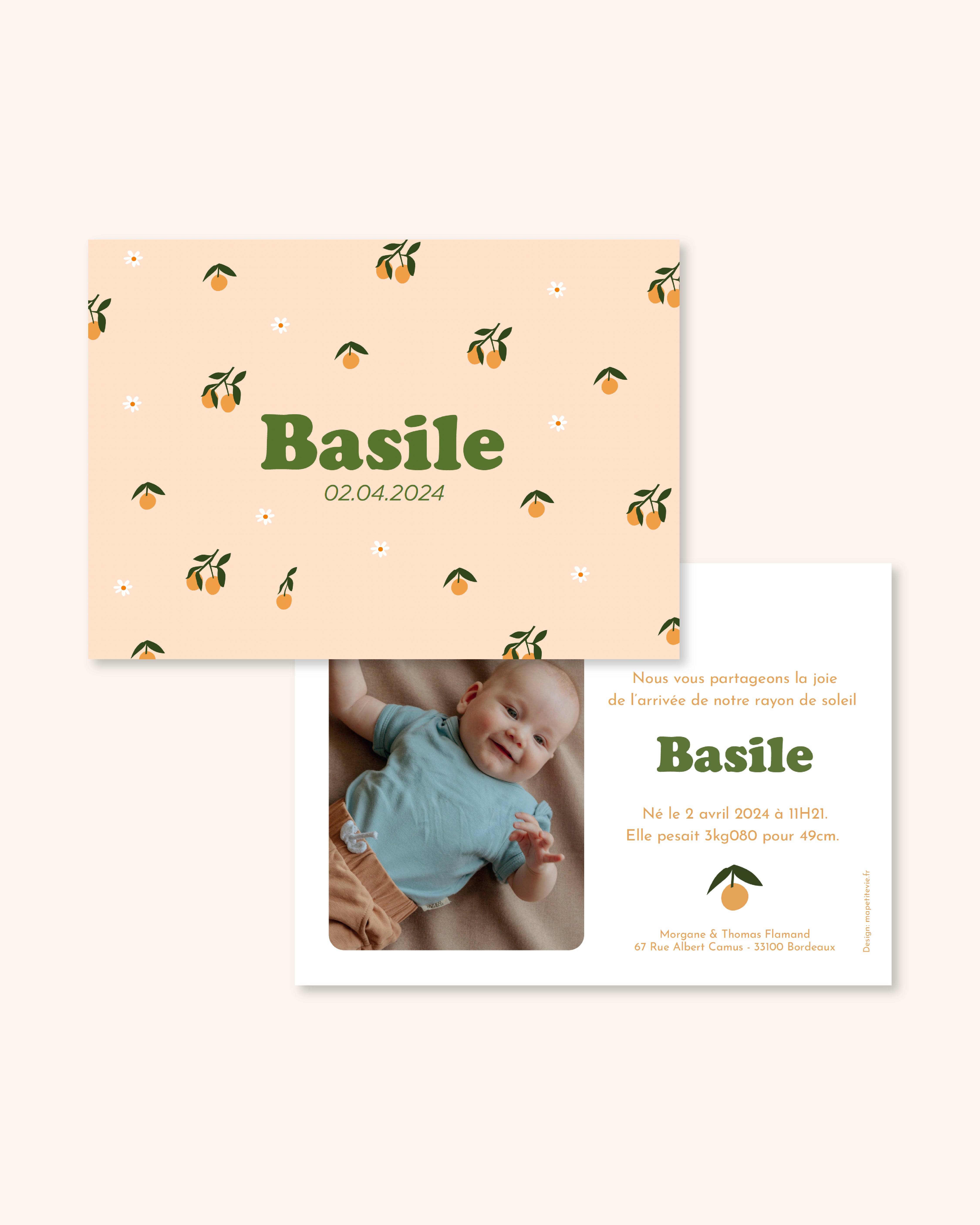 Faire-part de naissance bébé avec des motifs mignons pour annoncer la naissance de bébé.