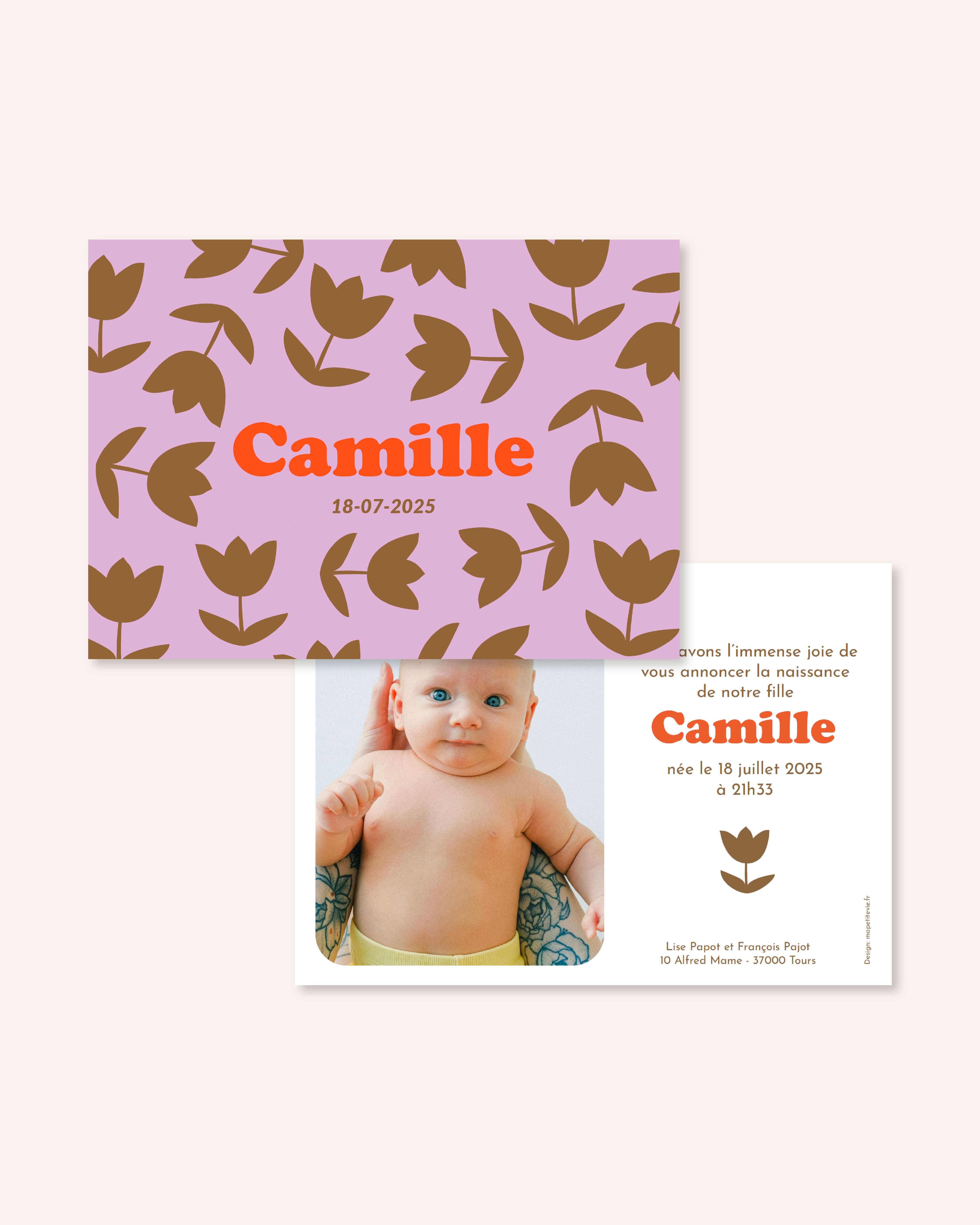 faire-part de naissance pour bébé à personnaliser avec des fleurs violettes